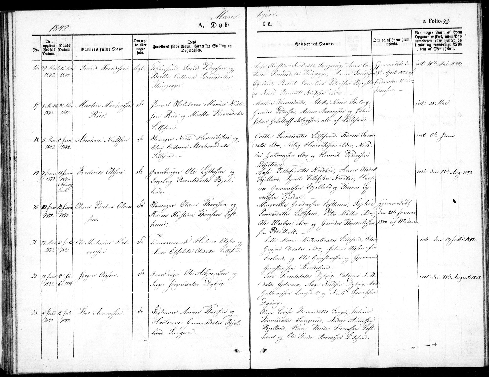 Vestre Moland sokneprestkontor, AV/SAK-1111-0046/F/Fb/Fbb/L0002: Parish register (copy) no. B 2, 1836-1851, p. 42