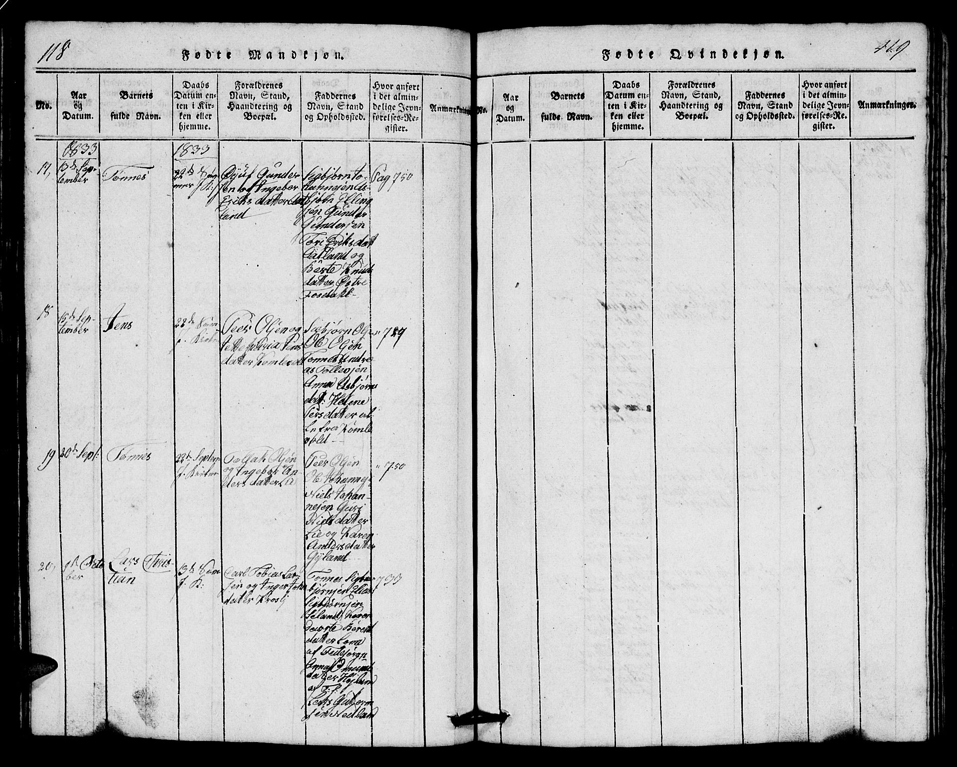 Bakke sokneprestkontor, AV/SAK-1111-0002/F/Fb/Fbb/L0001: Parish register (copy) no. B 1, 1815-1835, p. 118-119