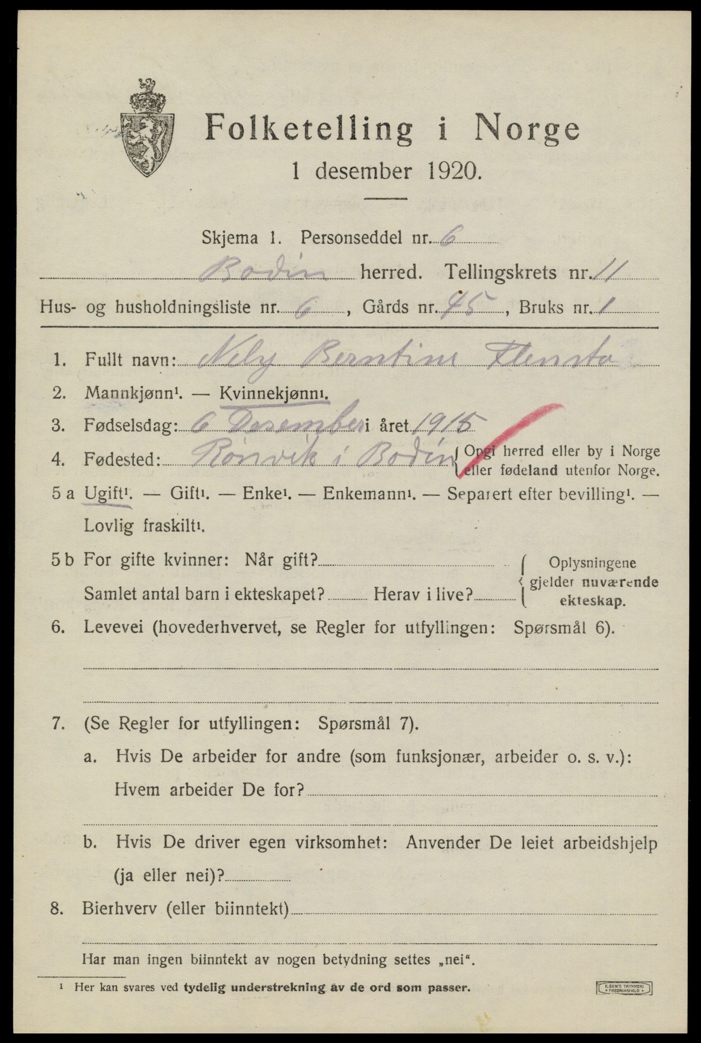 SAT, 1920 census for Bodin, 1920, p. 8422