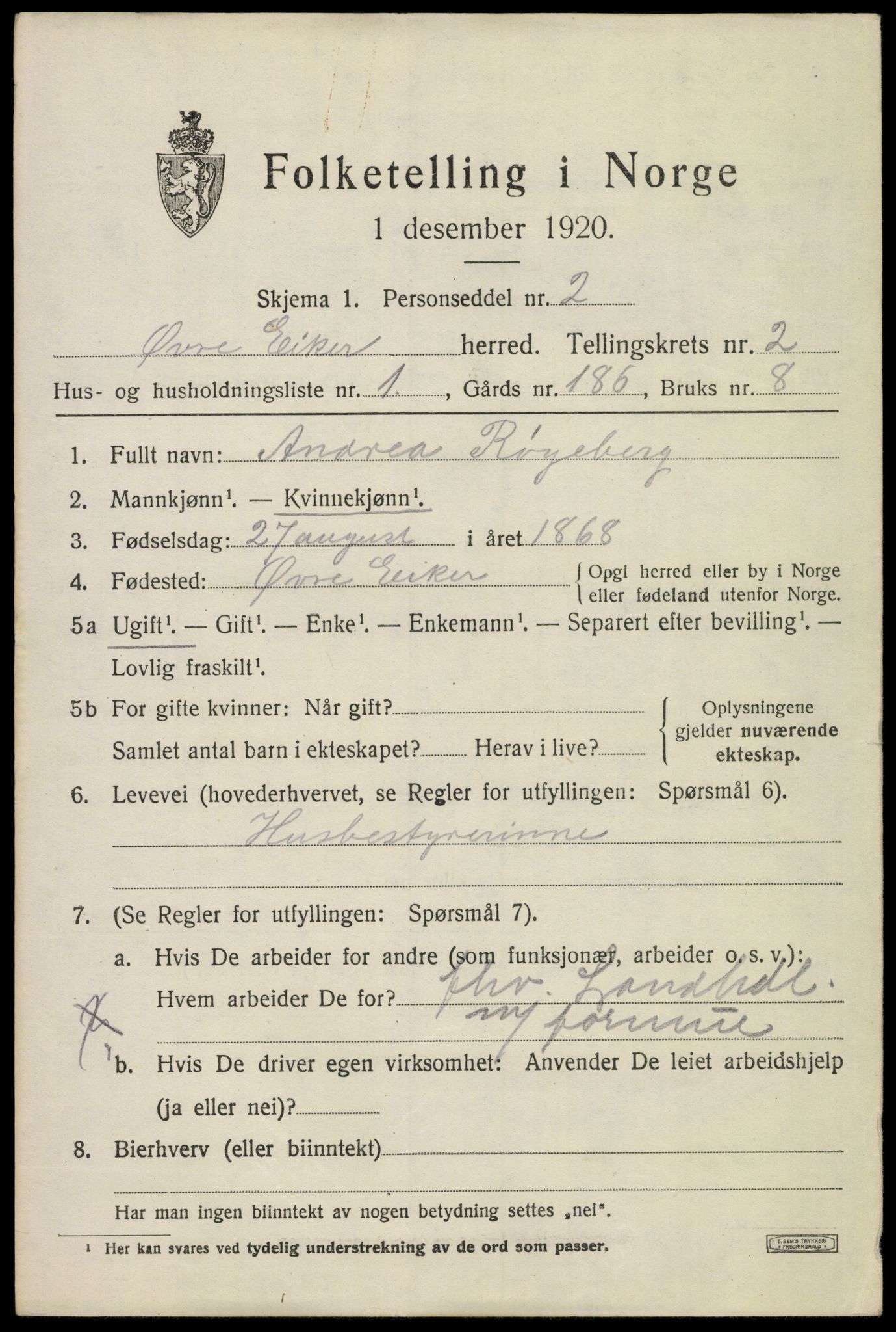 SAKO, 1920 census for Øvre Eiker, 1920, p. 6556