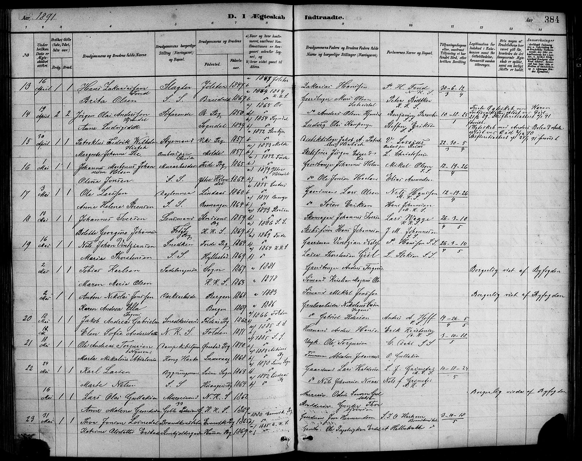 Sandviken Sokneprestembete, SAB/A-77601/H/Hb/L0001: Parish register (copy) no. A 2, 1879-1892, p. 384