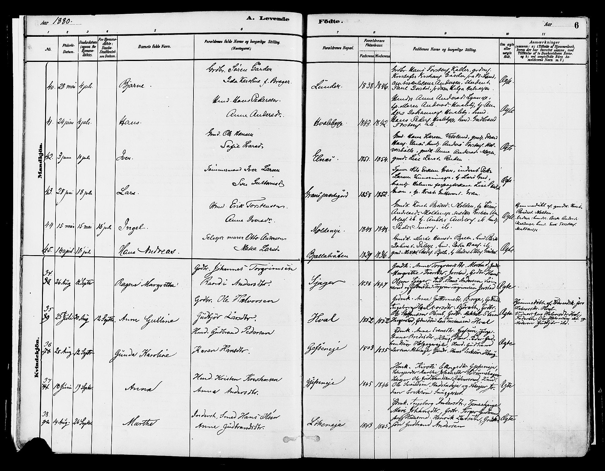 Gran prestekontor, AV/SAH-PREST-112/H/Ha/Haa/L0014: Parish register (official) no. 14, 1880-1889, p. 6