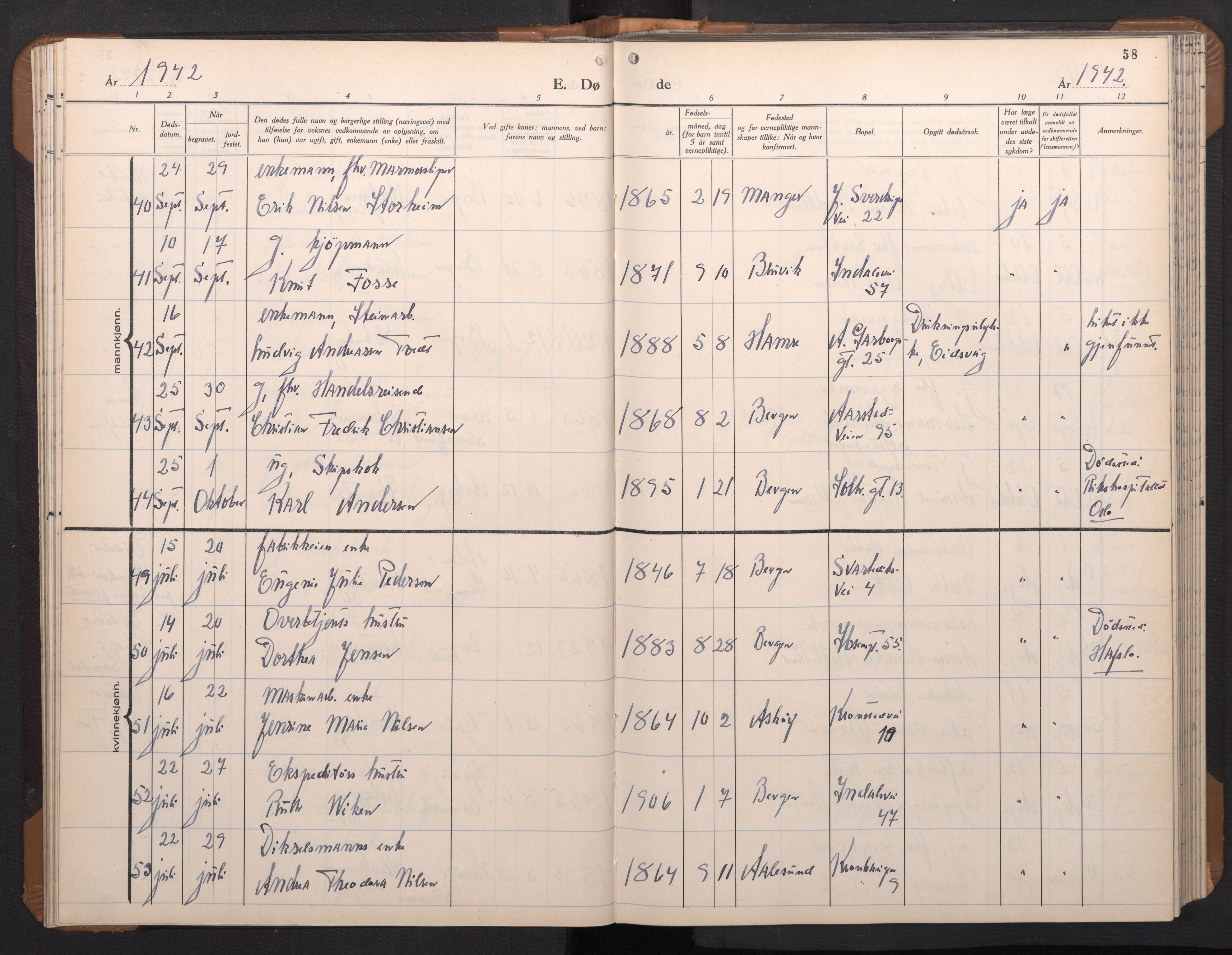 Årstad Sokneprestembete, AV/SAB-A-79301/H/Hab/L0026: Parish register (copy) no. D 3, 1940-1950, p. 57b-58a