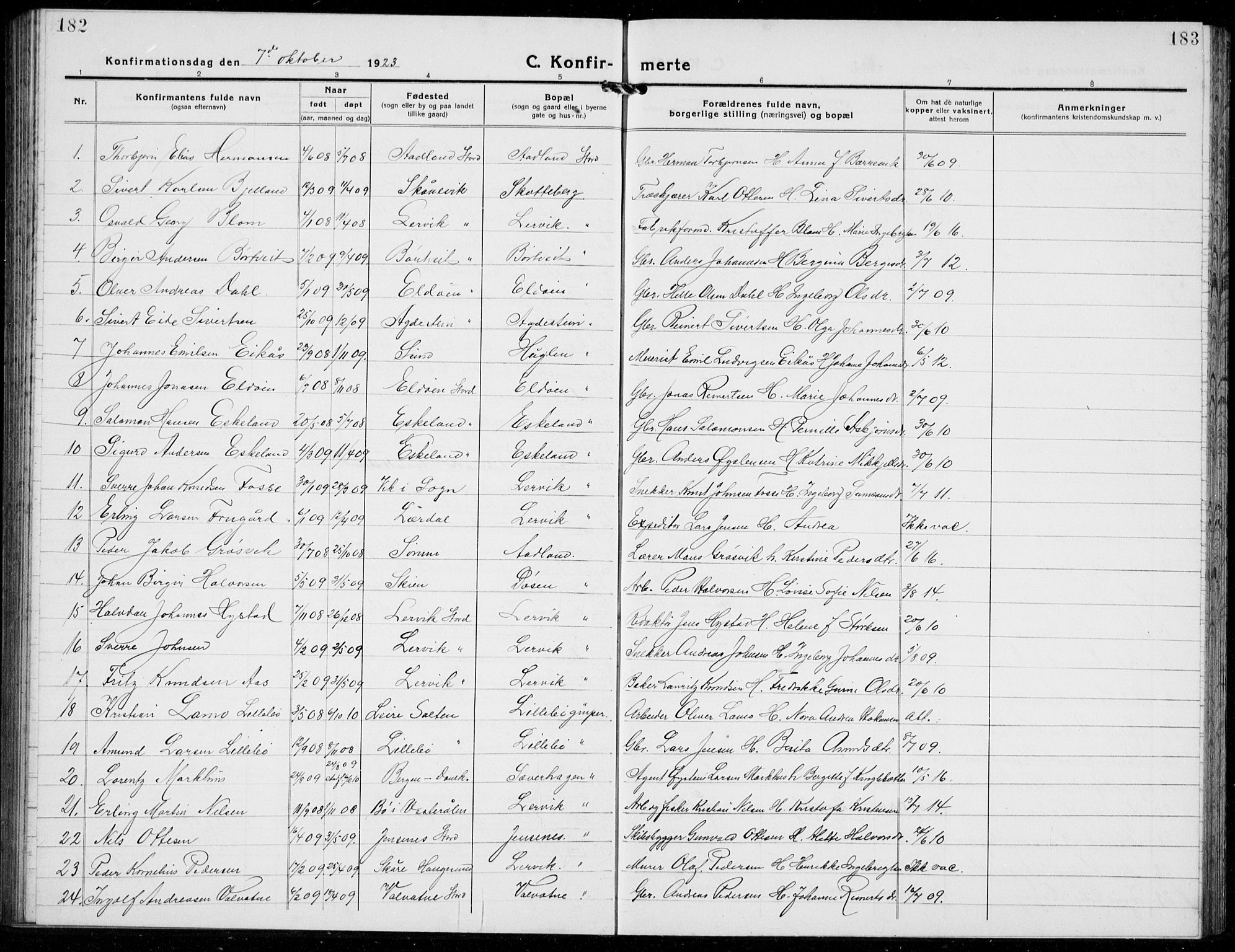 Stord sokneprestembete, SAB/A-78201/H/Hab: Parish register (copy) no. A 4, 1919-1933, p. 182-183