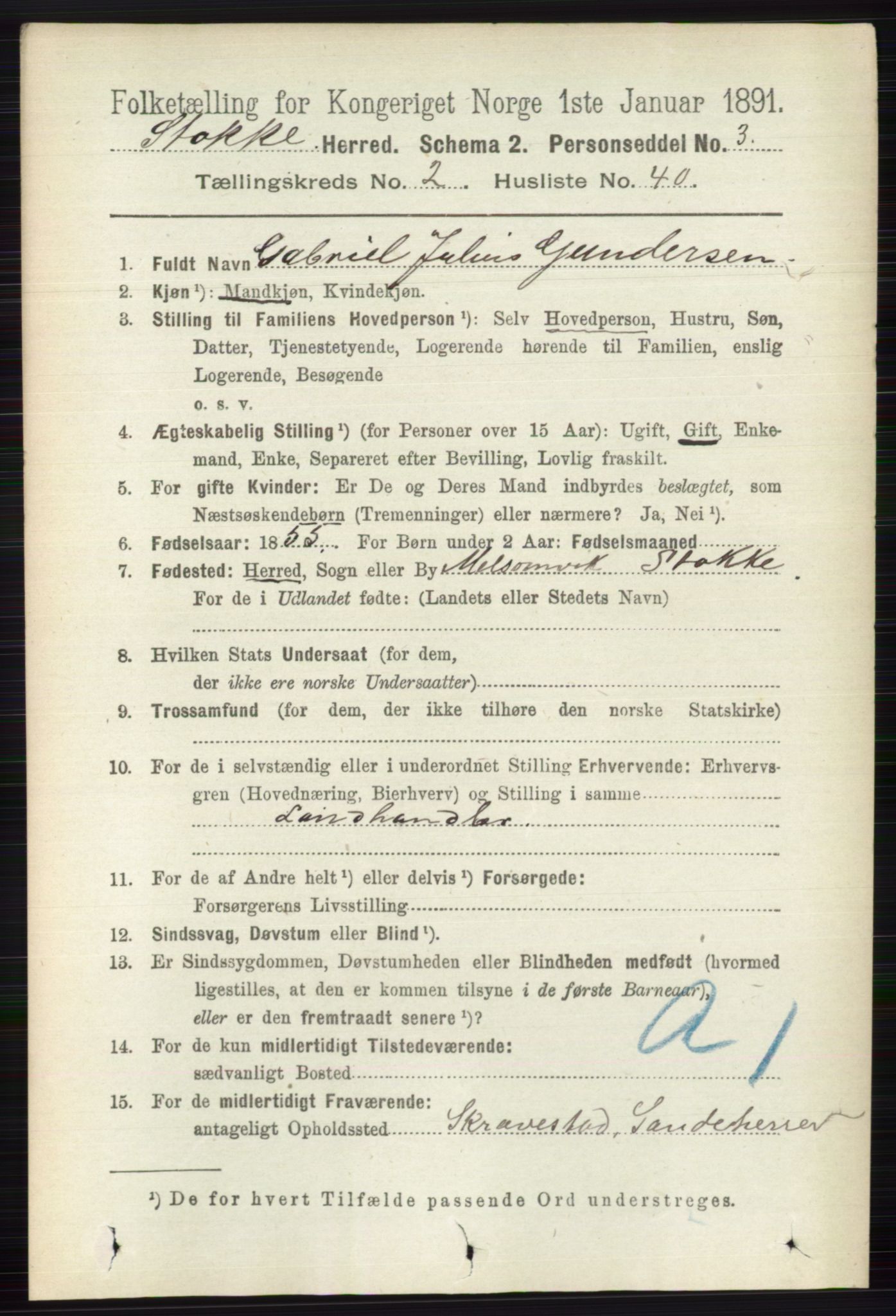 RA, 1891 census for 0720 Stokke, 1891, p. 1213