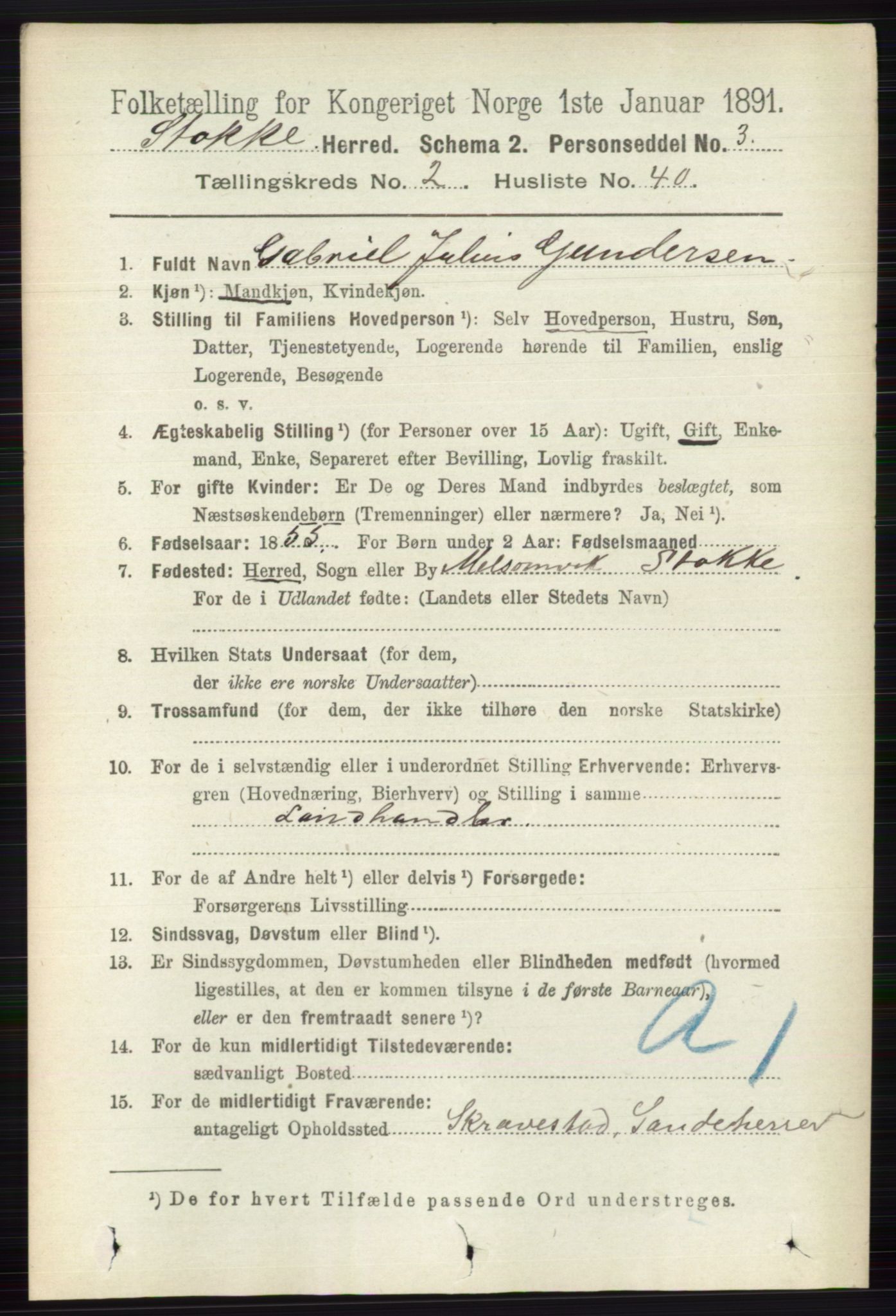 RA, 1891 census for 0720 Stokke, 1891, p. 1213