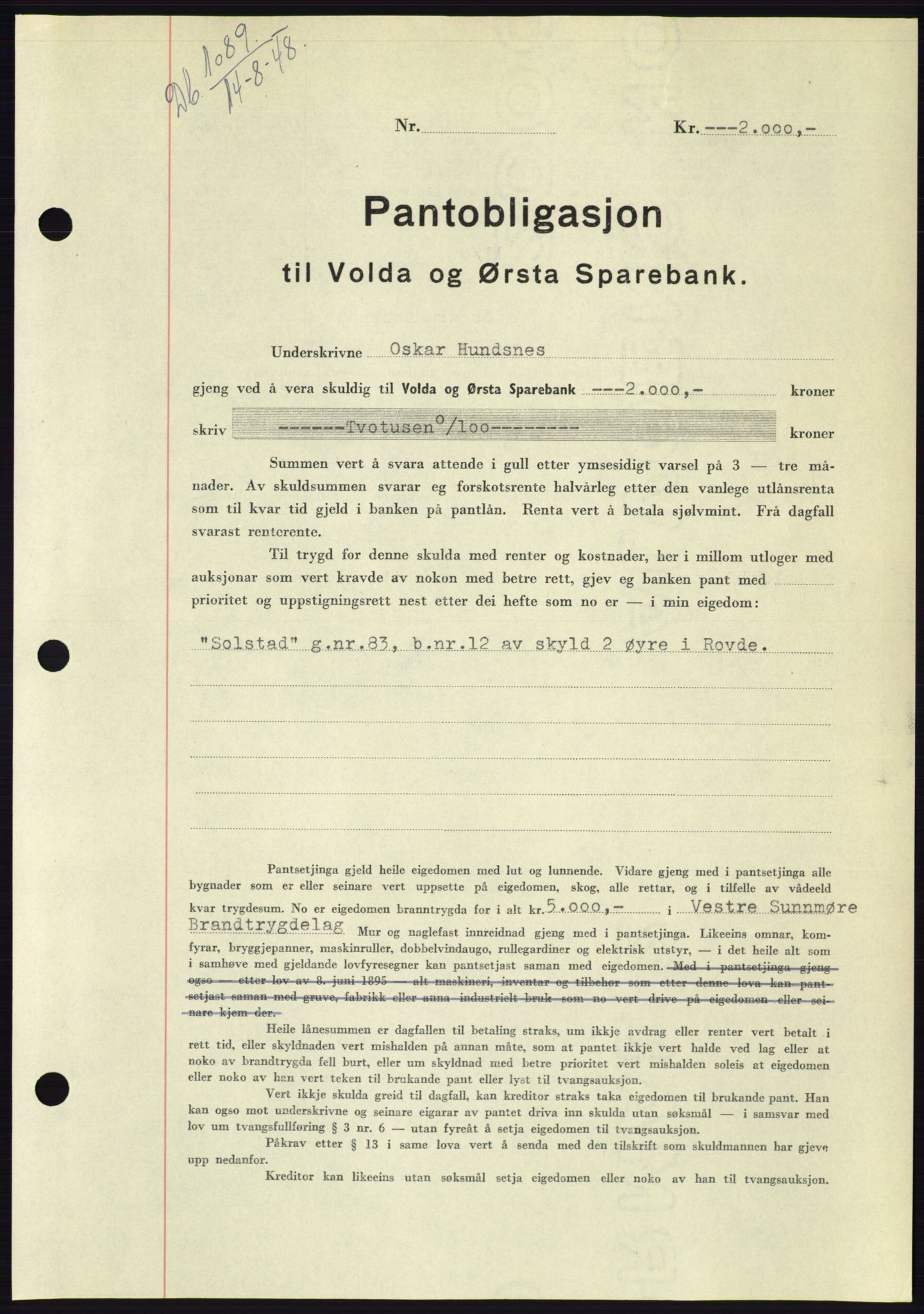 Søre Sunnmøre sorenskriveri, AV/SAT-A-4122/1/2/2C/L0116: Mortgage book no. 4B, 1948-1949, Diary no: : 1089/1948