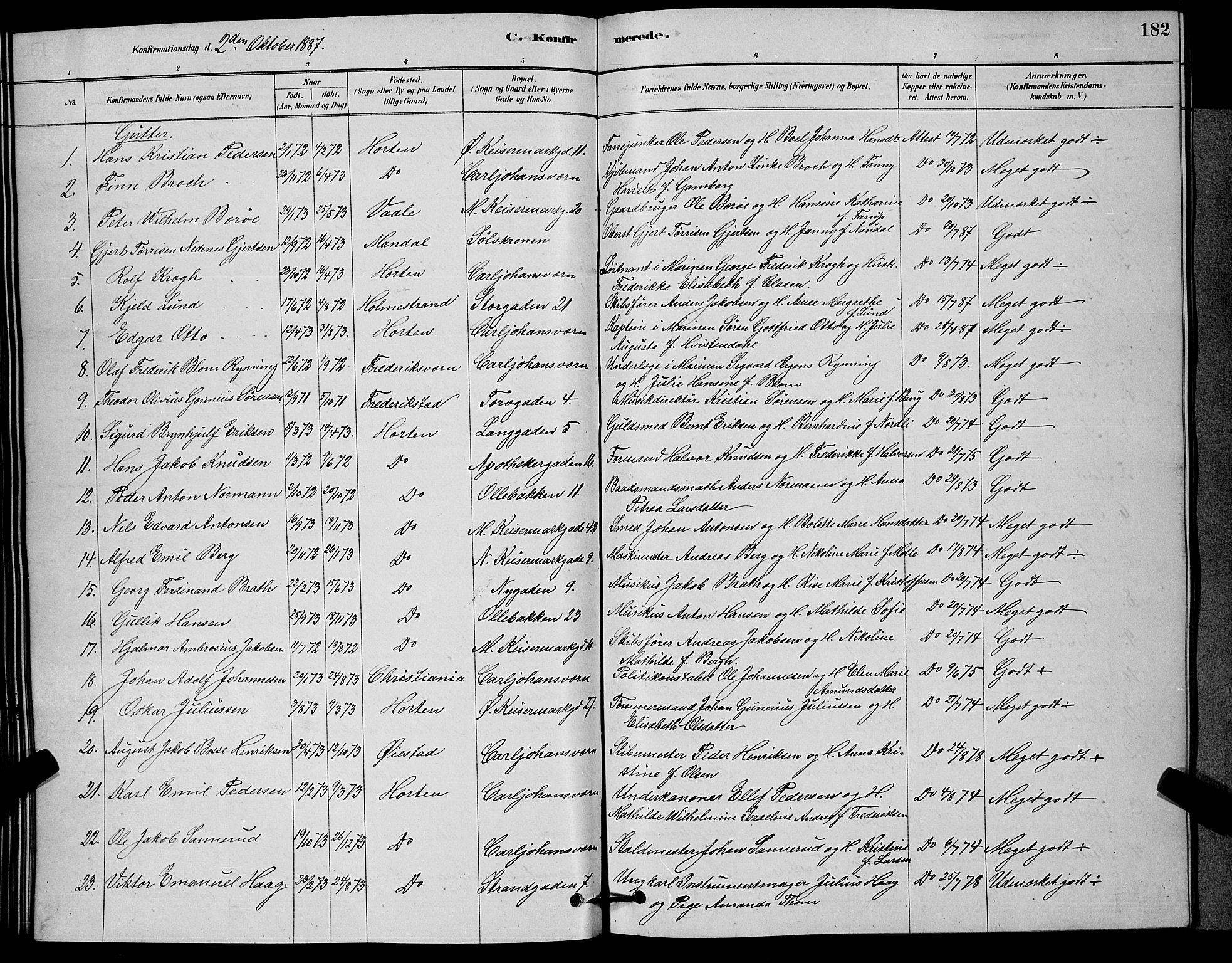 Horten kirkebøker, AV/SAKO-A-348/G/Ga/L0003: Parish register (copy) no. 4, 1878-1887, p. 182