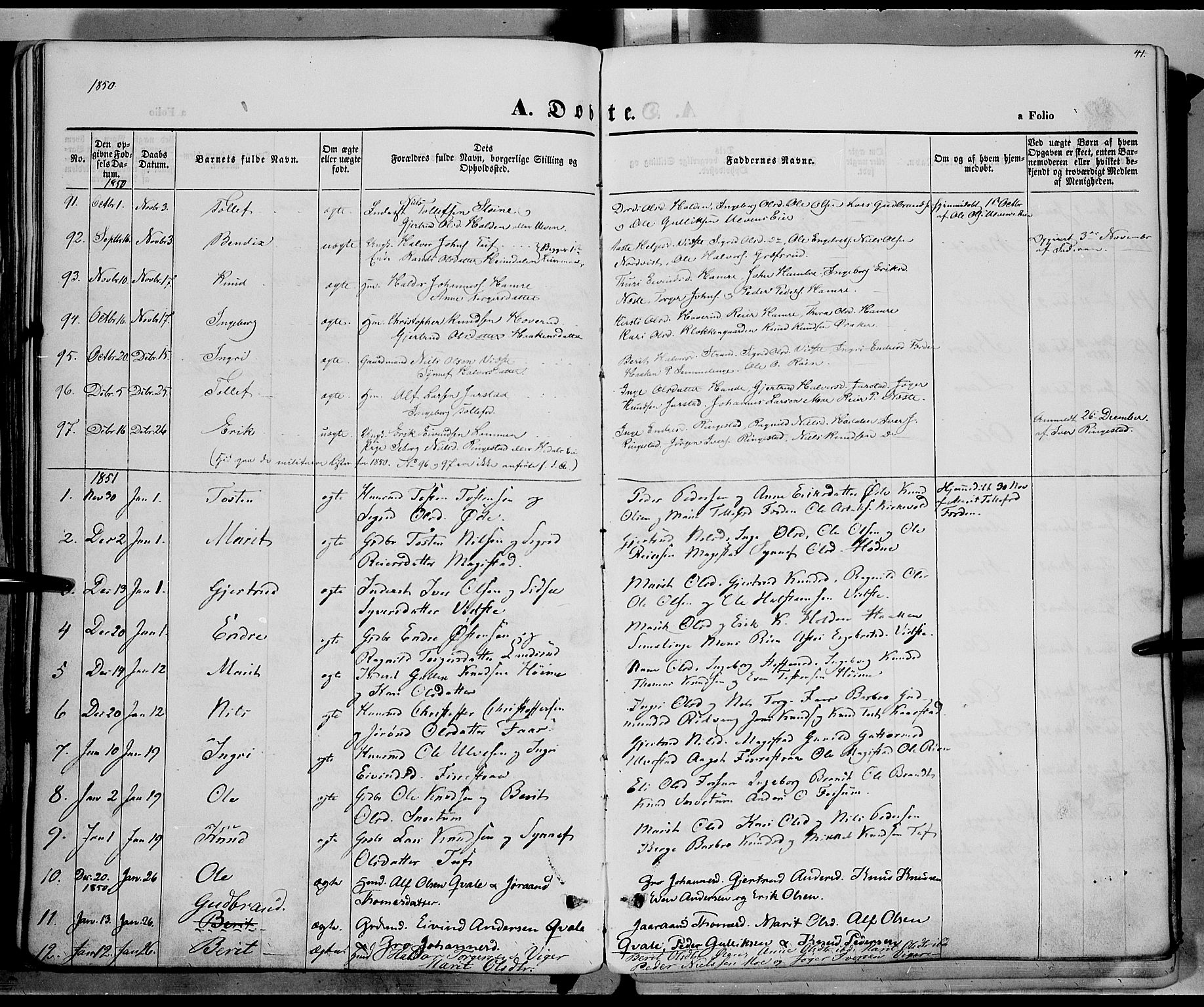 Vestre Slidre prestekontor, SAH/PREST-136/H/Ha/Haa/L0001: Parish register (official) no. 1, 1844-1855, p. 41
