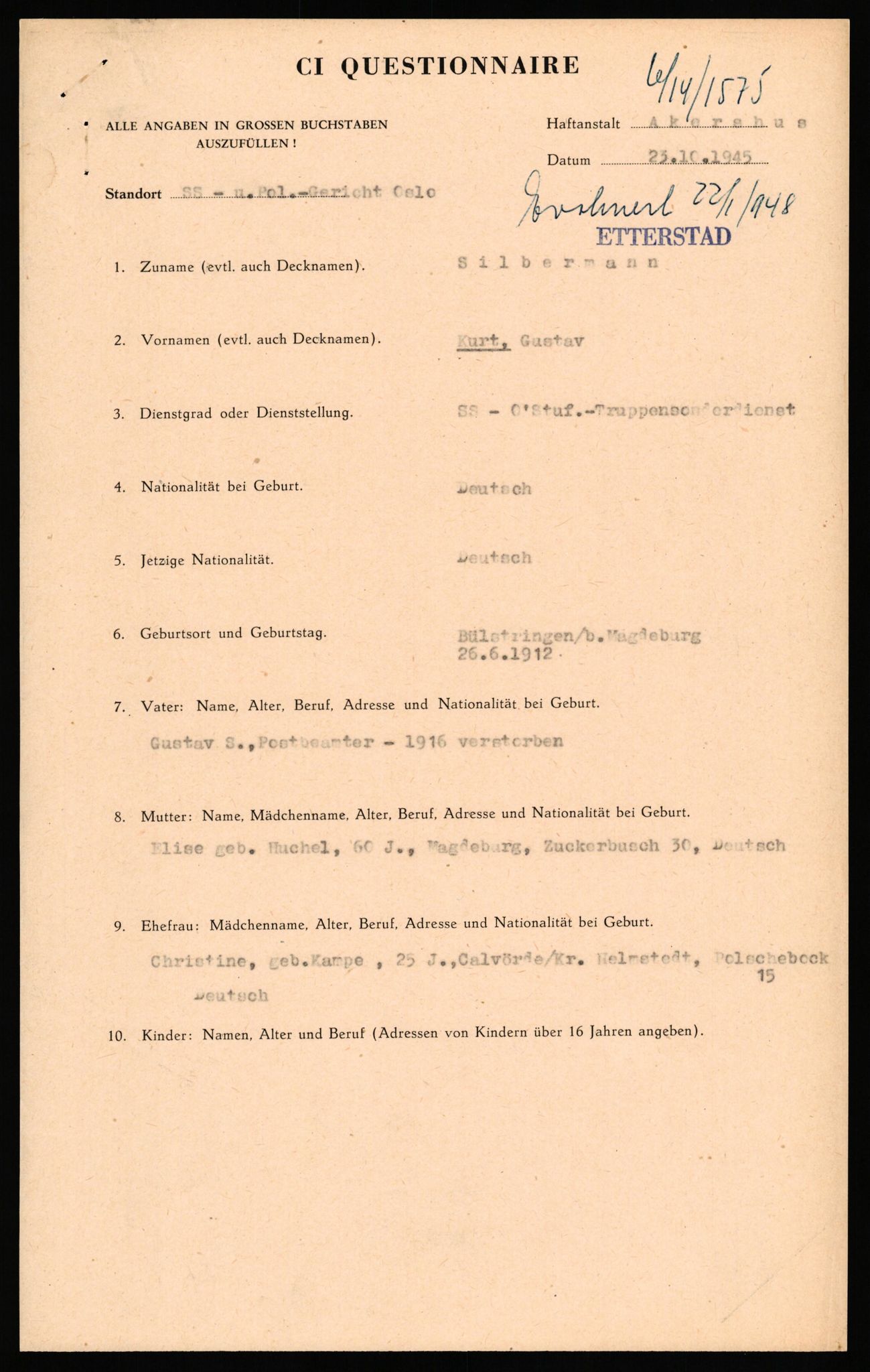 Forsvaret, Forsvarets overkommando II, AV/RA-RAFA-3915/D/Db/L0032: CI Questionaires. Tyske okkupasjonsstyrker i Norge. Tyskere., 1945-1946, p. 83