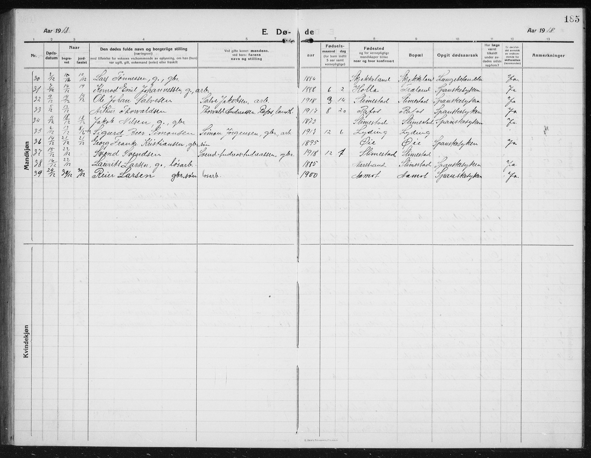 Kvinesdal sokneprestkontor, SAK/1111-0026/F/Fb/Fbb/L0004: Parish register (copy) no. B 4, 1917-1938, p. 185