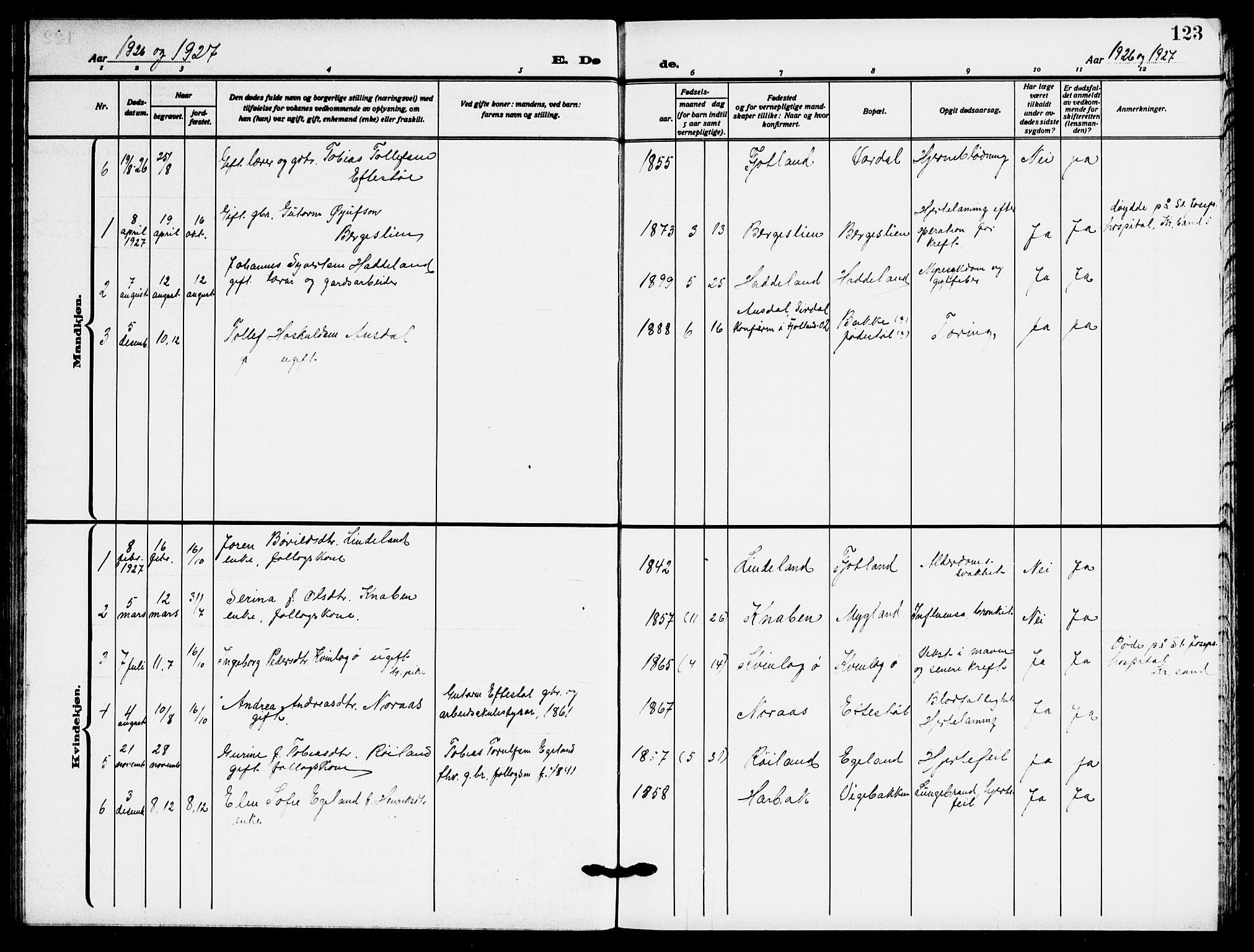 Fjotland sokneprestkontor, AV/SAK-1111-0010/F/Fb/L0004: Parish register (copy) no. B 4, 1925-1941, p. 123