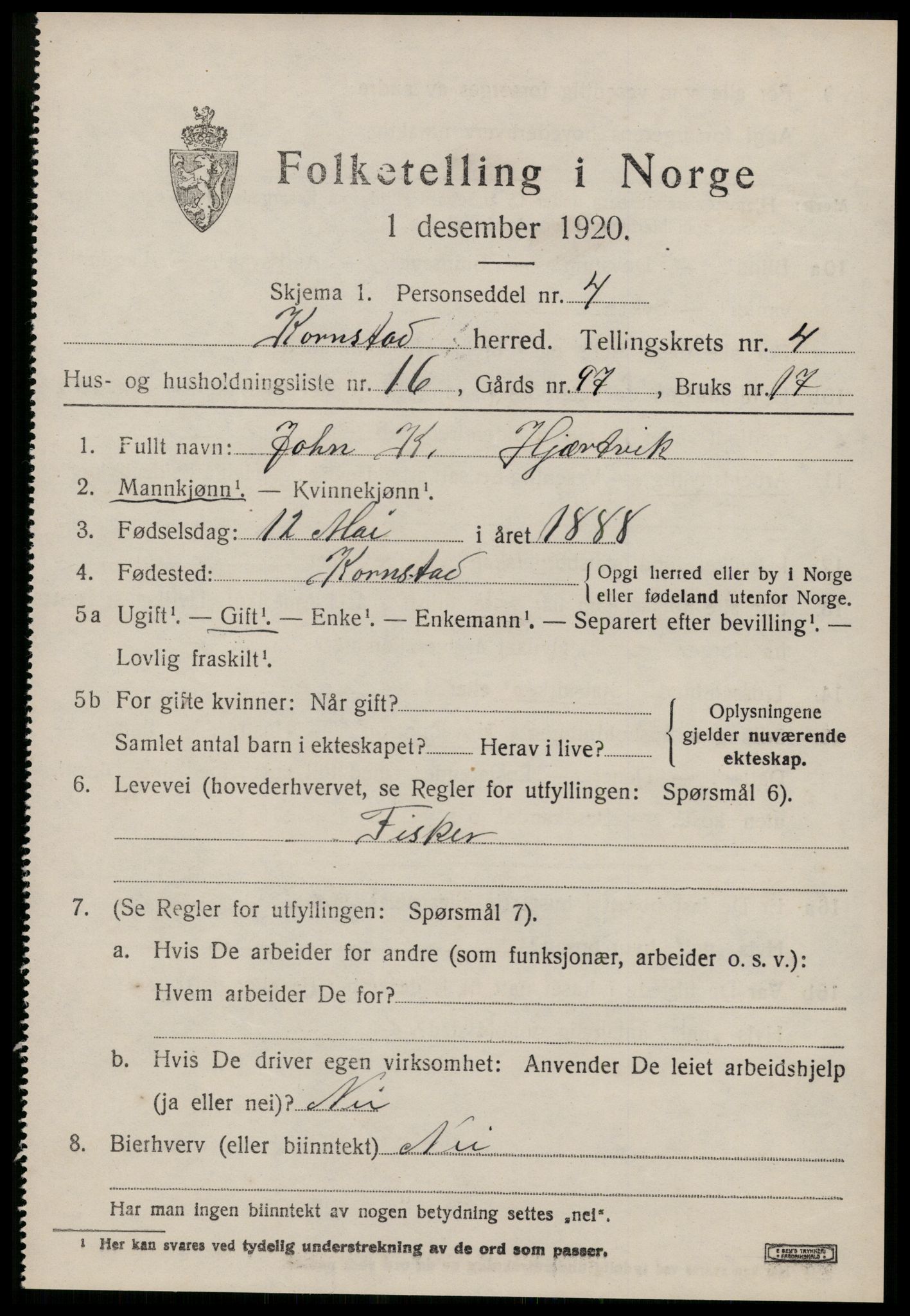 SAT, 1920 census for Kornstad, 1920, p. 2701