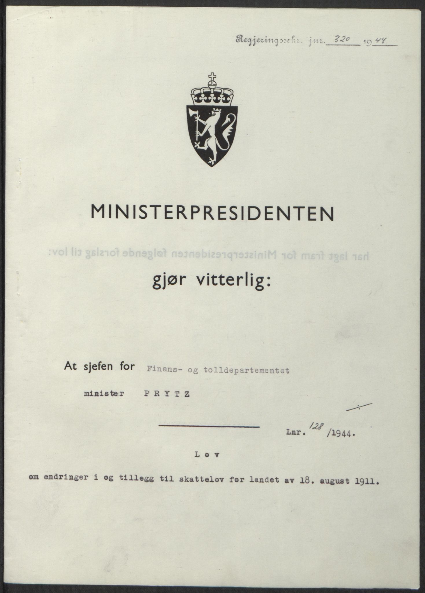 NS-administrasjonen 1940-1945 (Statsrådsekretariatet, de kommisariske statsråder mm), RA/S-4279/D/Db/L0100: Lover, 1944, p. 609