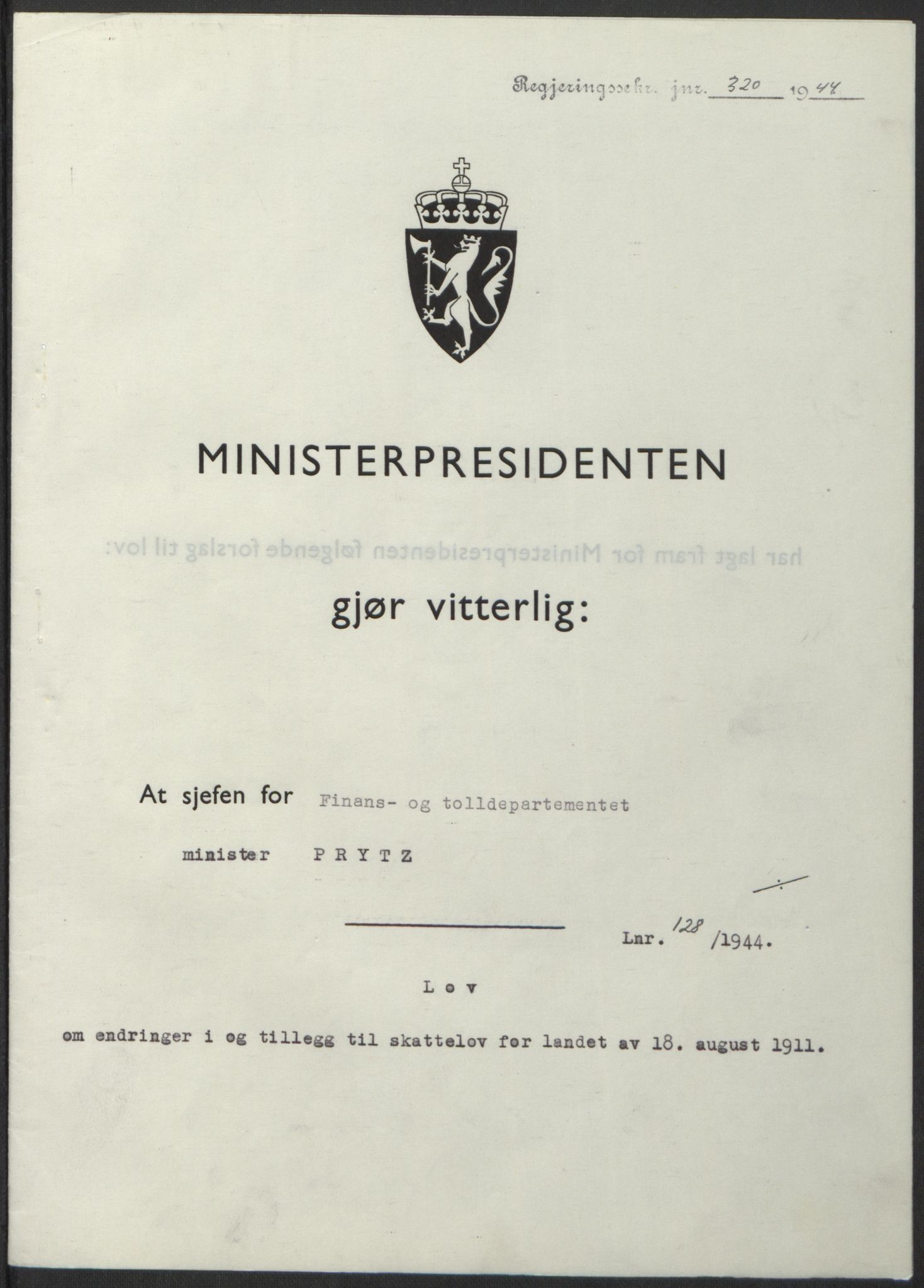 NS-administrasjonen 1940-1945 (Statsrådsekretariatet, de kommisariske statsråder mm), AV/RA-S-4279/D/Db/L0100: Lover, 1944, p. 609