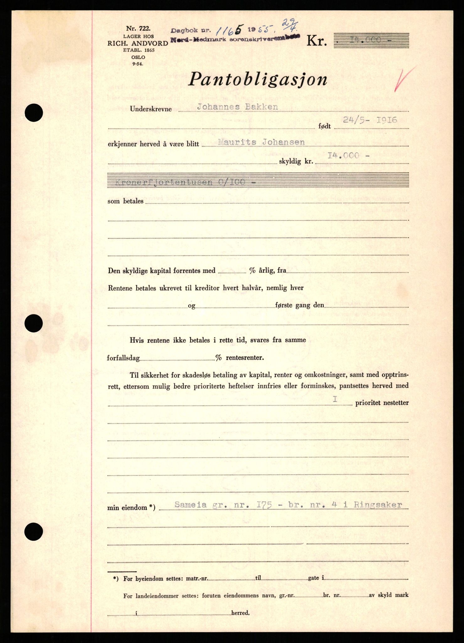 Nord-Hedmark sorenskriveri, AV/SAH-TING-012/H/Hb/Hbf/L0032: Mortgage book no. B32, 1955-1955, Diary no: : 1165/1952