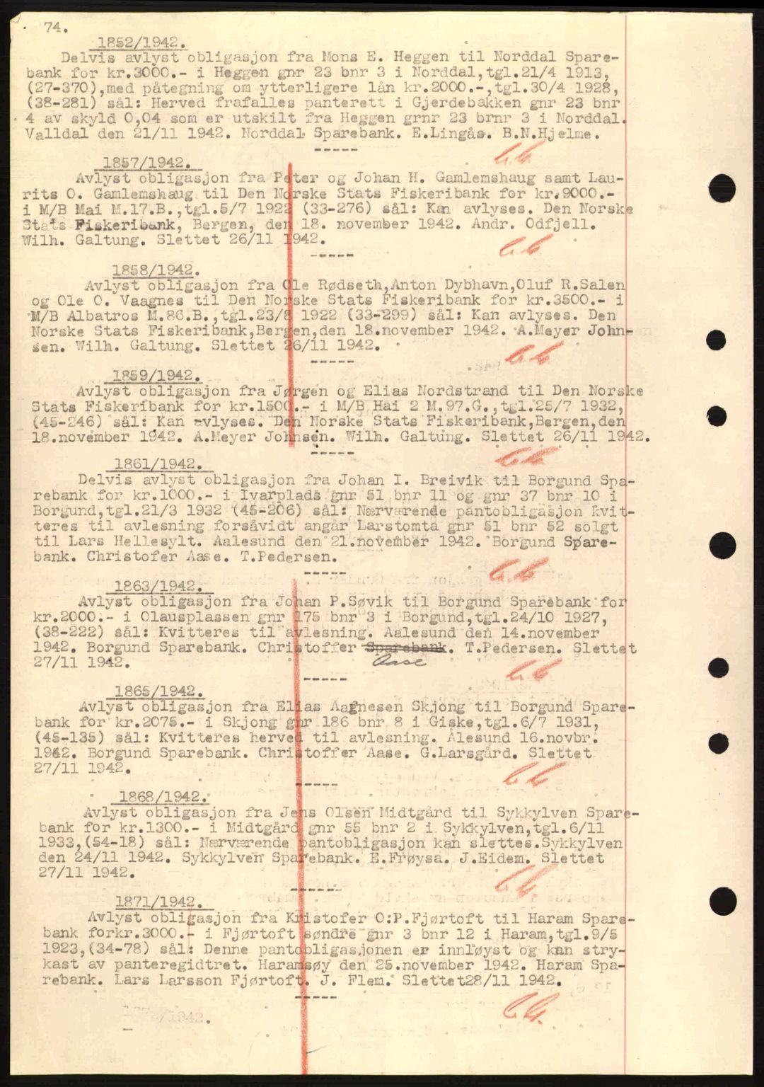 Nordre Sunnmøre sorenskriveri, SAT/A-0006/1/2/2C/2Ca: Mortgage book no. B1-6, 1938-1942, Diary no: : 1852/1942