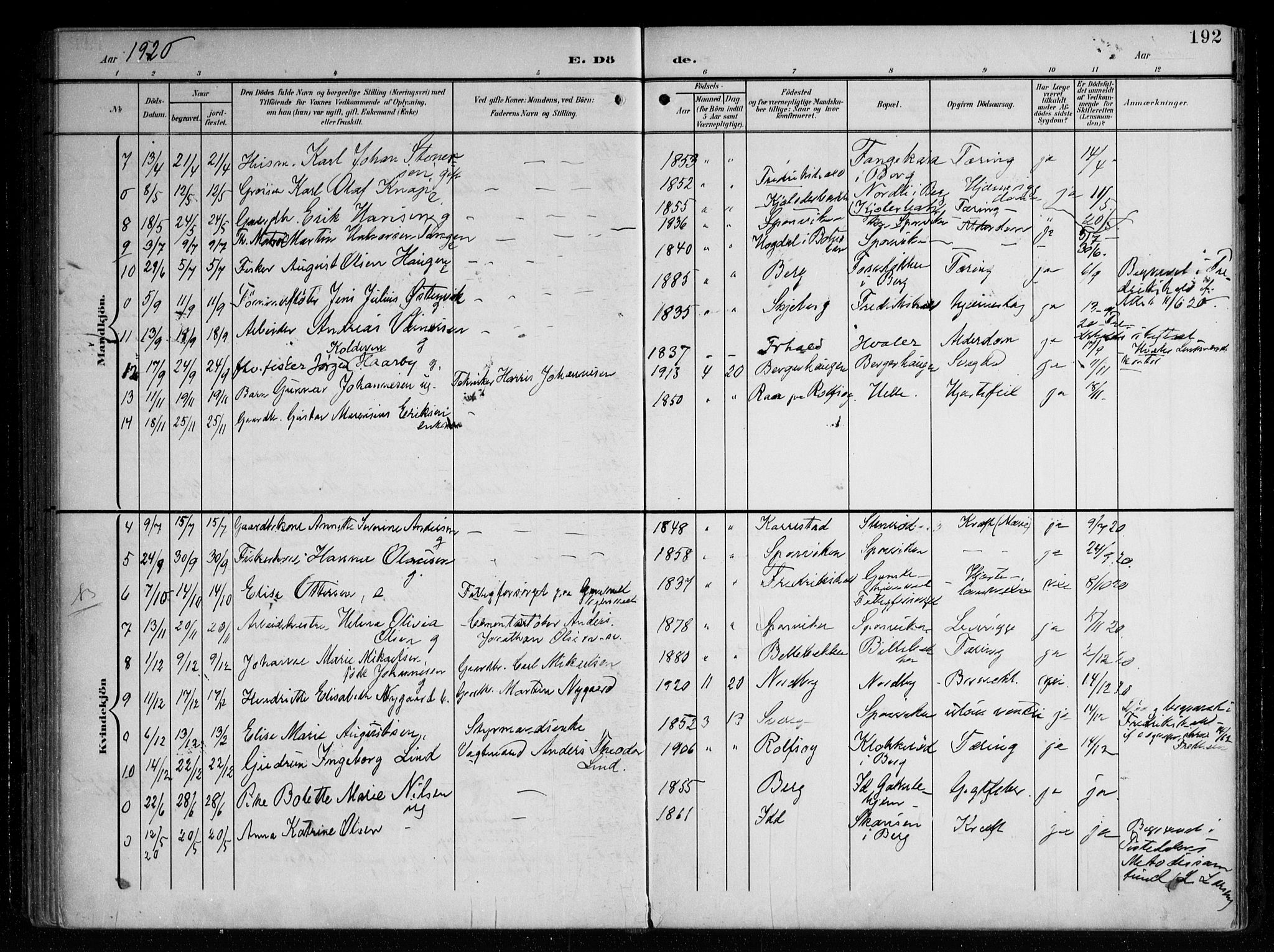 Berg prestekontor Kirkebøker, AV/SAO-A-10902/F/Fa/L0008: Parish register (official) no. I 8, 1902-1920, p. 192