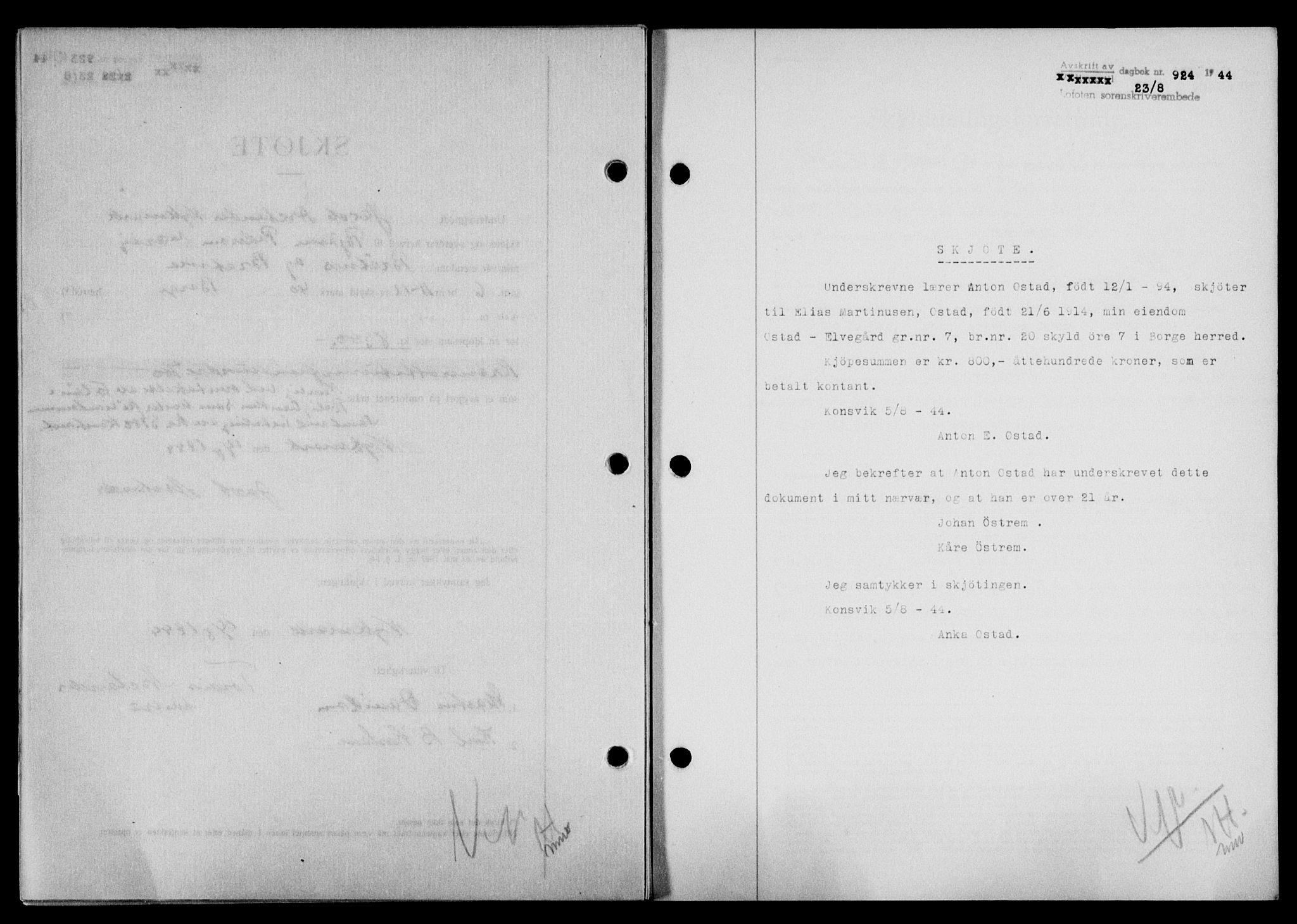 Lofoten sorenskriveri, SAT/A-0017/1/2/2C/L0012a: Mortgage book no. 12a, 1943-1944, Diary no: : 924/1944