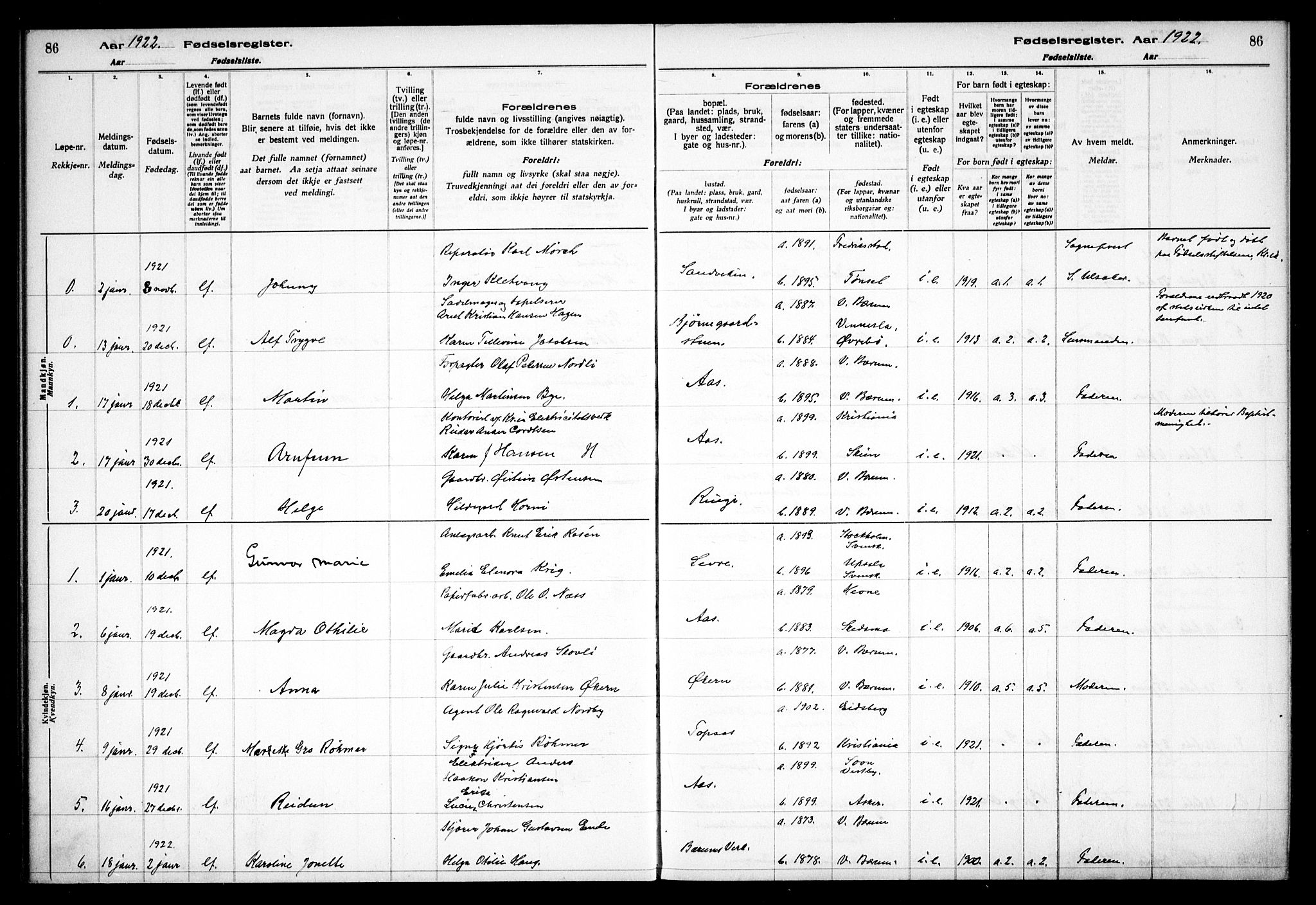 Vestre Bærum prestekontor Kirkebøker, AV/SAO-A-10209a/J/L0001: Birth register no. 1, 1916-1926, p. 86