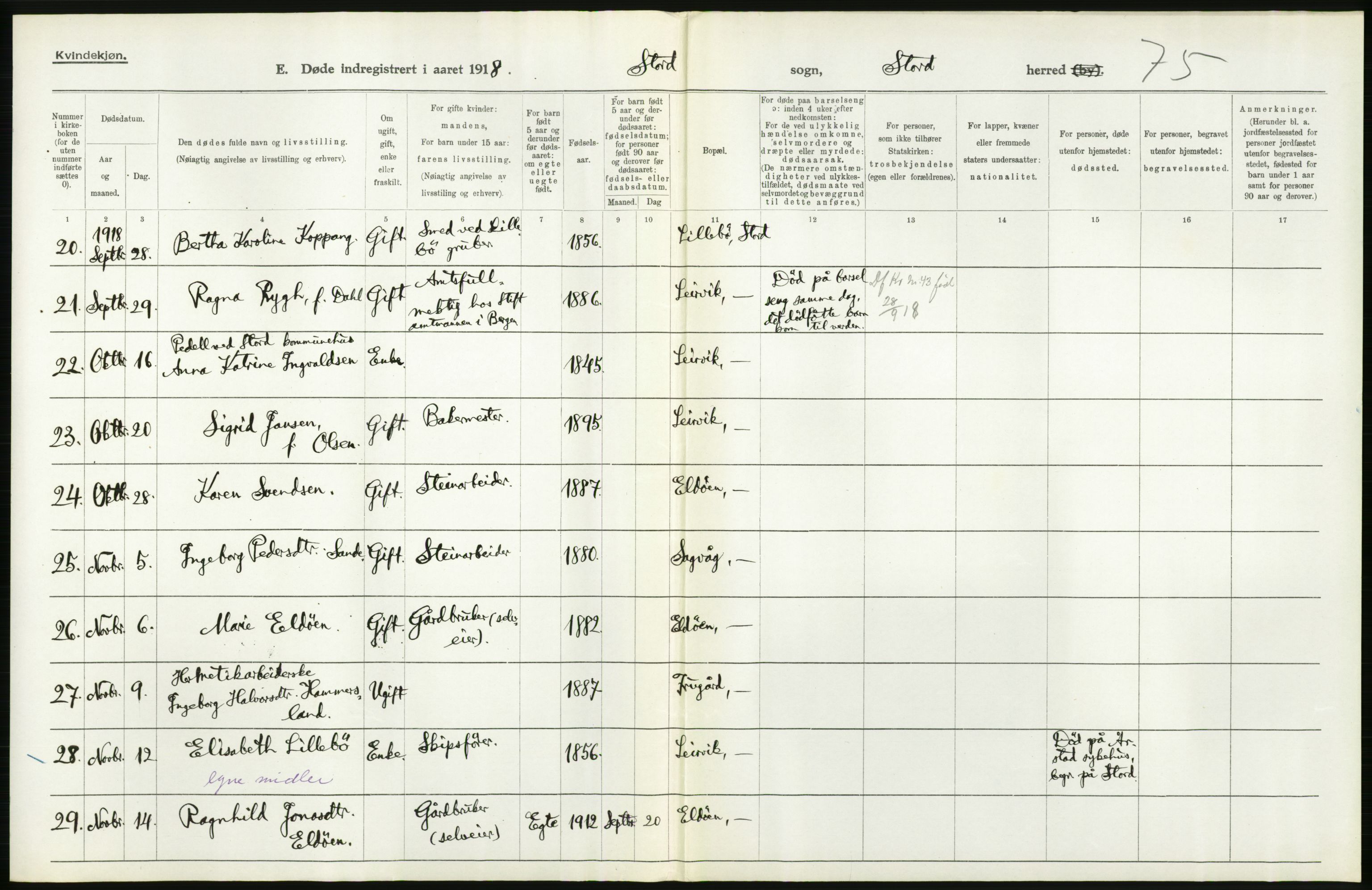 Statistisk sentralbyrå, Sosiodemografiske emner, Befolkning, AV/RA-S-2228/D/Df/Dfb/Dfbh/L0036: Hordaland fylke: Døde., 1918, p. 412