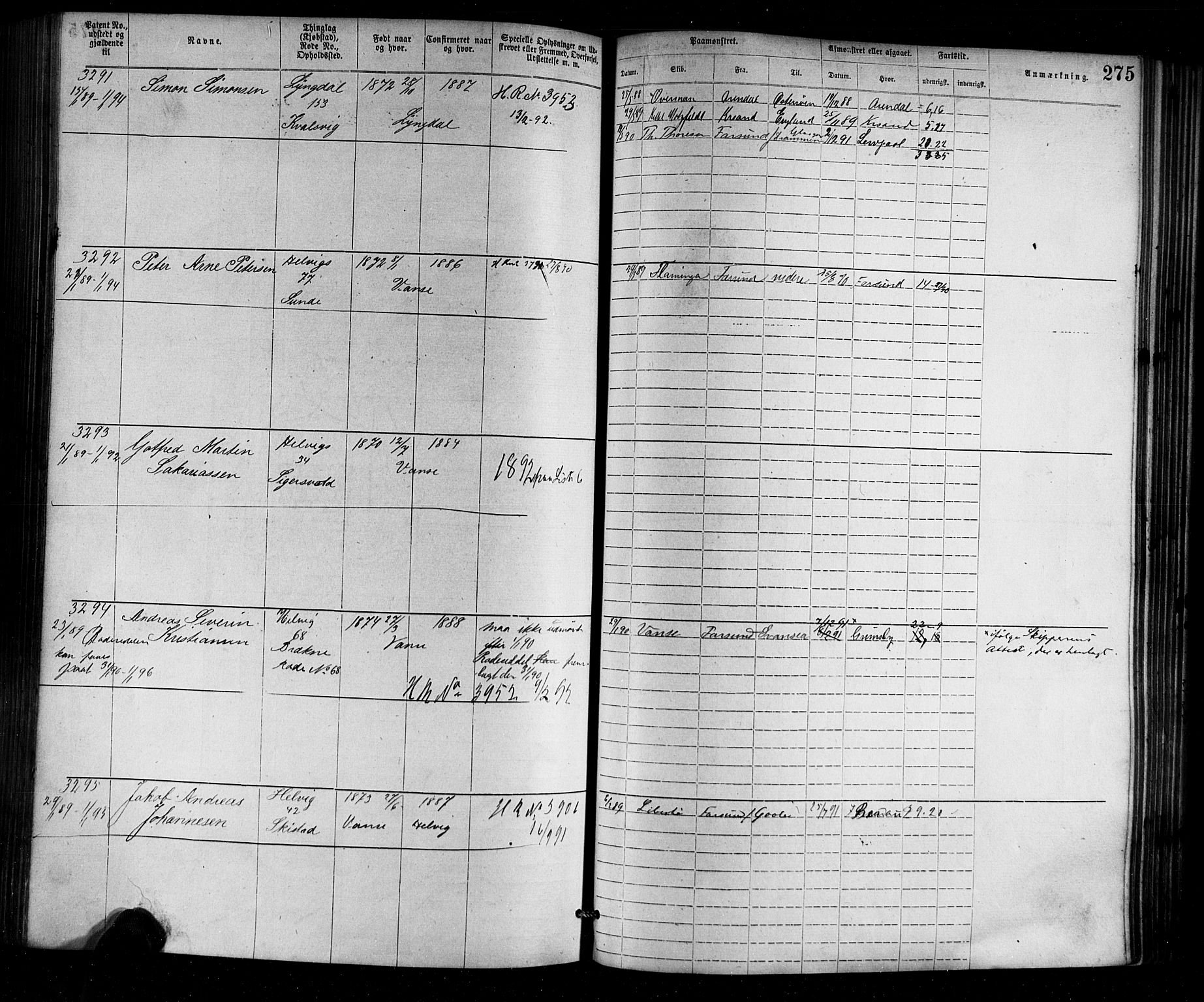 Farsund mønstringskrets, SAK/2031-0017/F/Fa/L0002: Annotasjonsrulle nr 1921-3815 med register, M-2, 1877-1894, p. 306