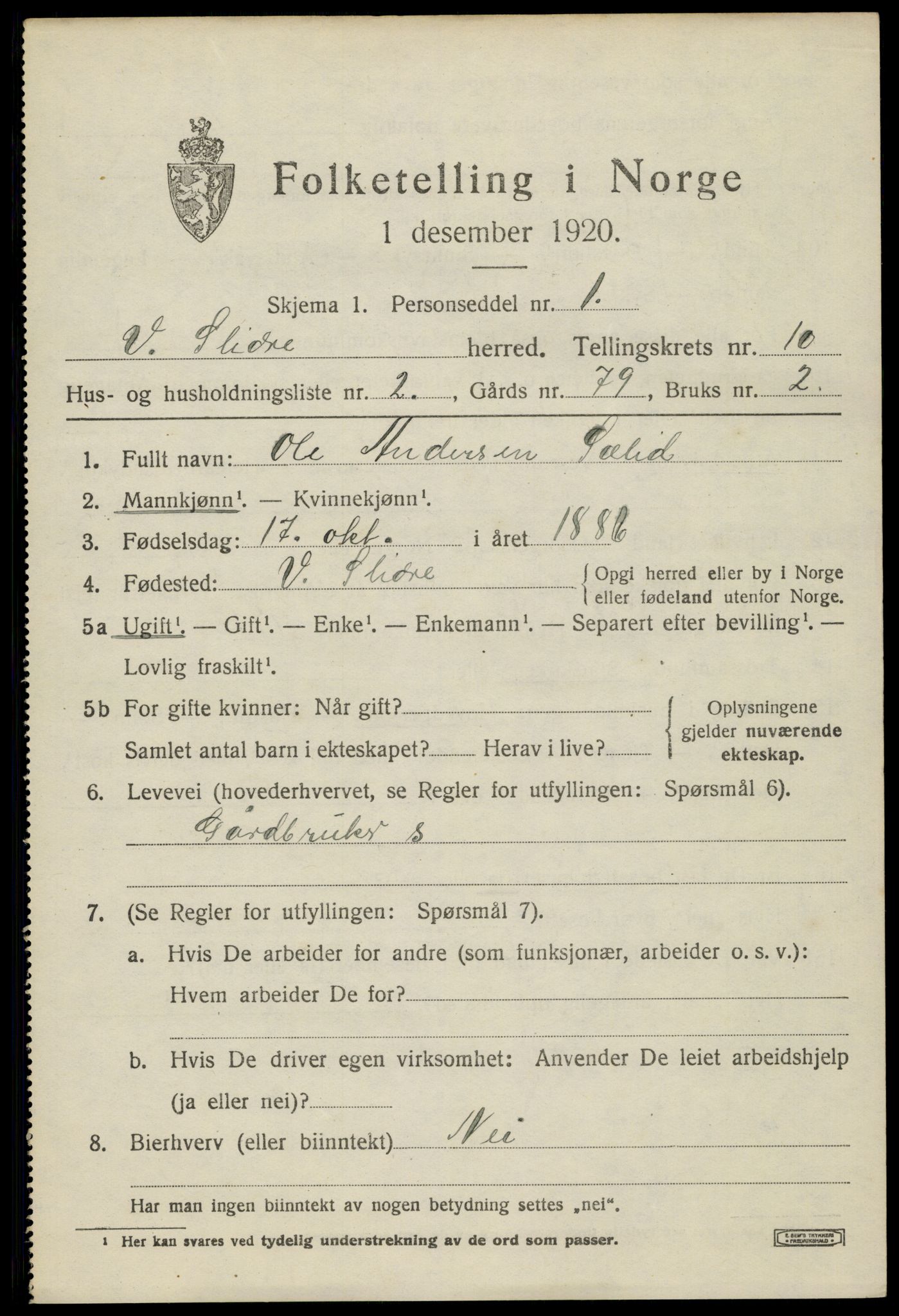 SAH, 1920 census for Vestre Slidre, 1920, p. 5696