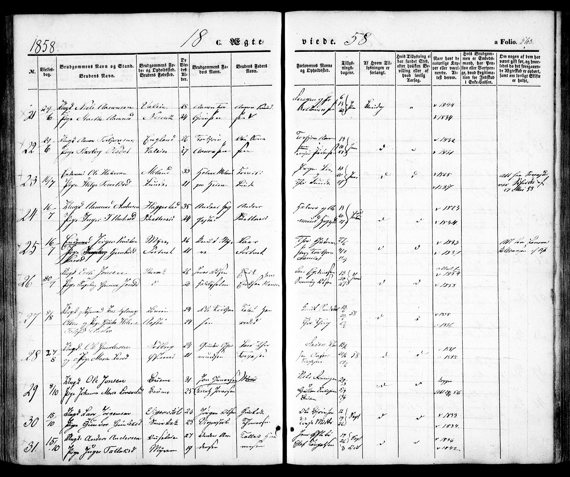 Holt sokneprestkontor, AV/SAK-1111-0021/F/Fa/L0008: Parish register (official) no. A 8, 1849-1860, p. 268