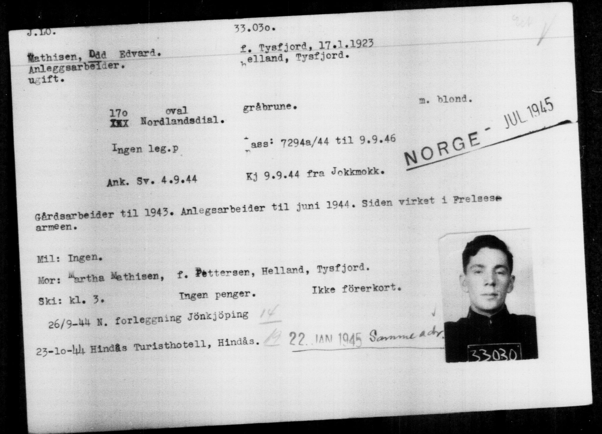 Utenriksstasjonene, Legasjonen i Stockholm, Flyktningkontoret, AV/RA-S-6753/V/Va/L0013: Kjesäterkartoteket, flyktninger med registreringsnr. 31500-34731, 1940-1945, p. 1604