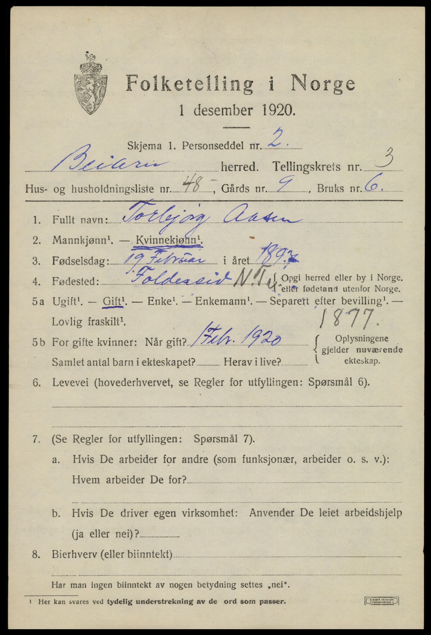 SAT, 1920 census for Beiarn, 1920, p. 1744