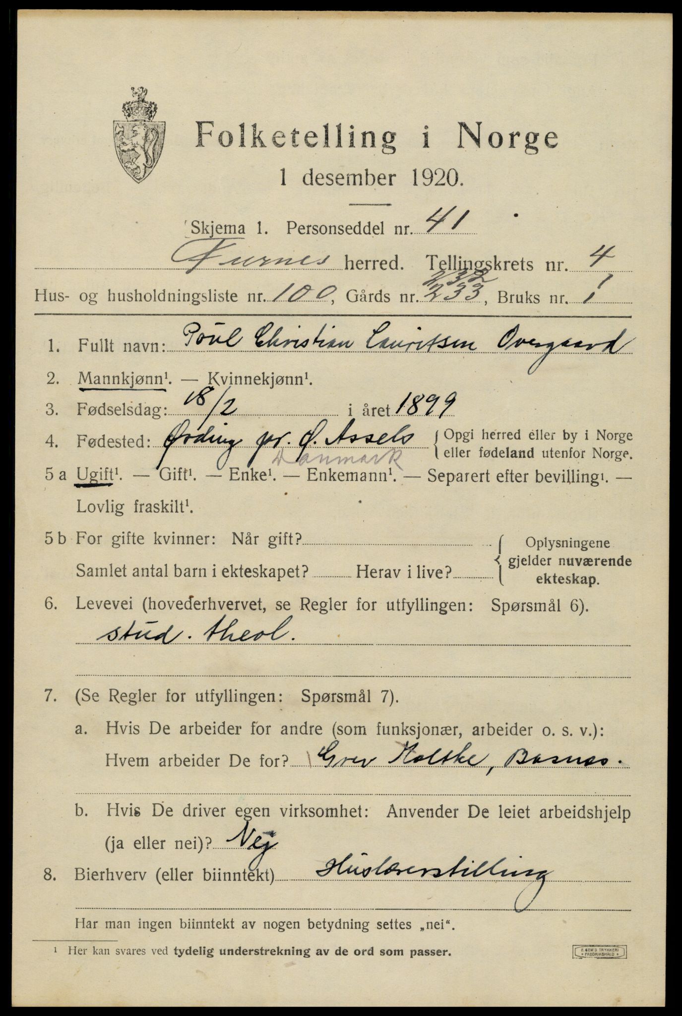 SAH, 1920 census for Furnes, 1920, p. 7097