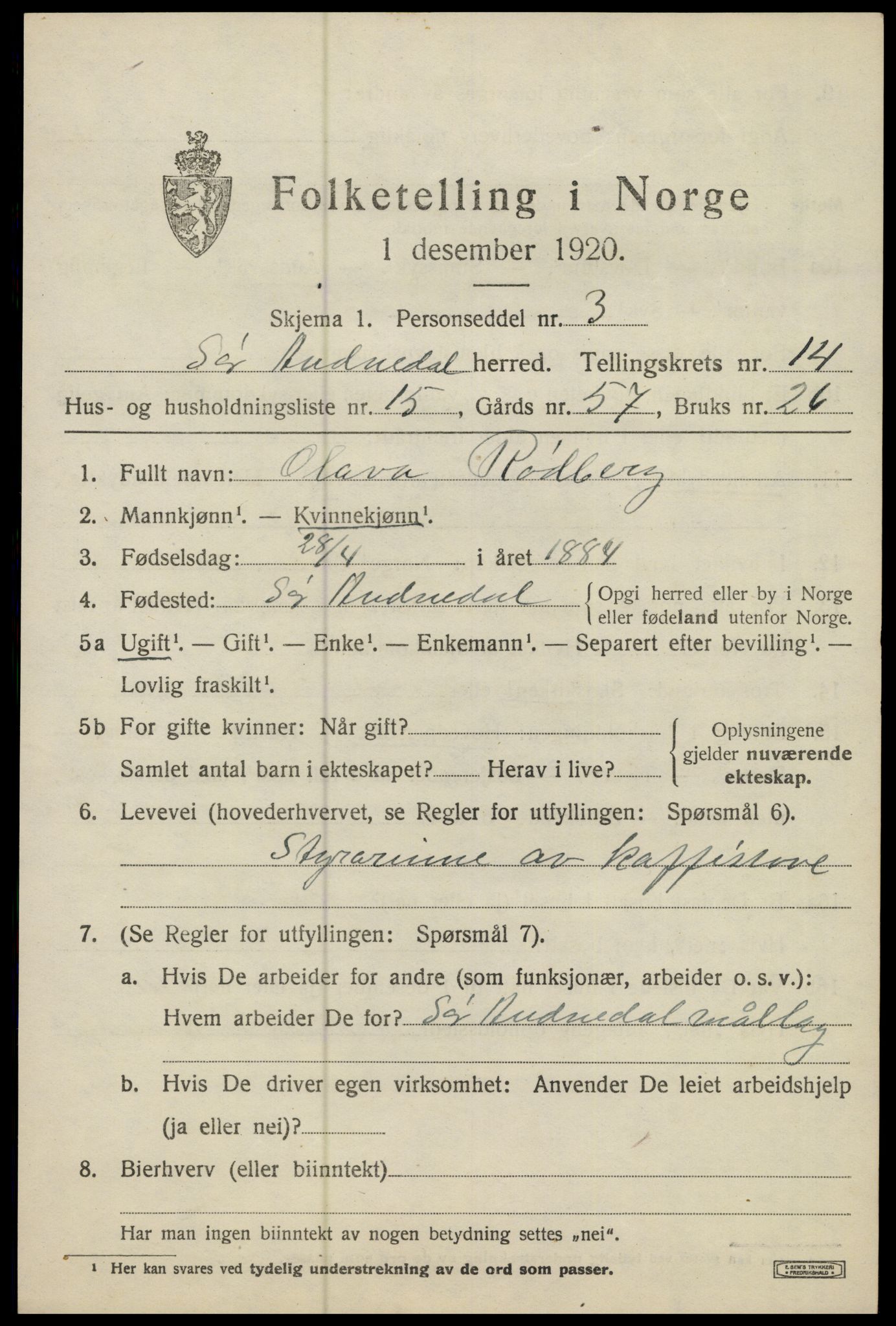 SAK, 1920 census for Sør-Audnedal, 1920, p. 5309