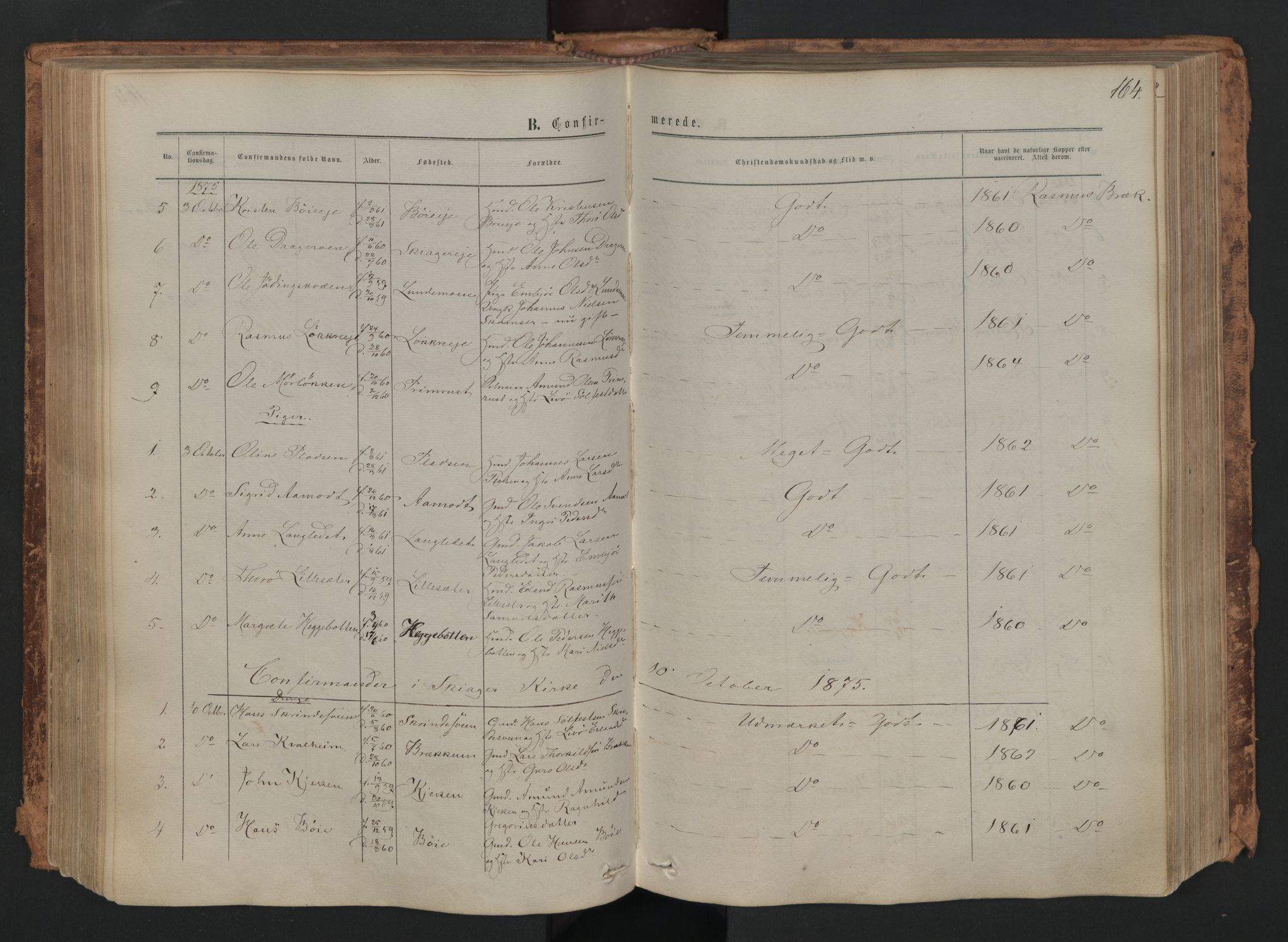 Skjåk prestekontor, SAH/PREST-072/H/Ha/Haa/L0001: Parish register (official) no. 1, 1863-1879, p. 164