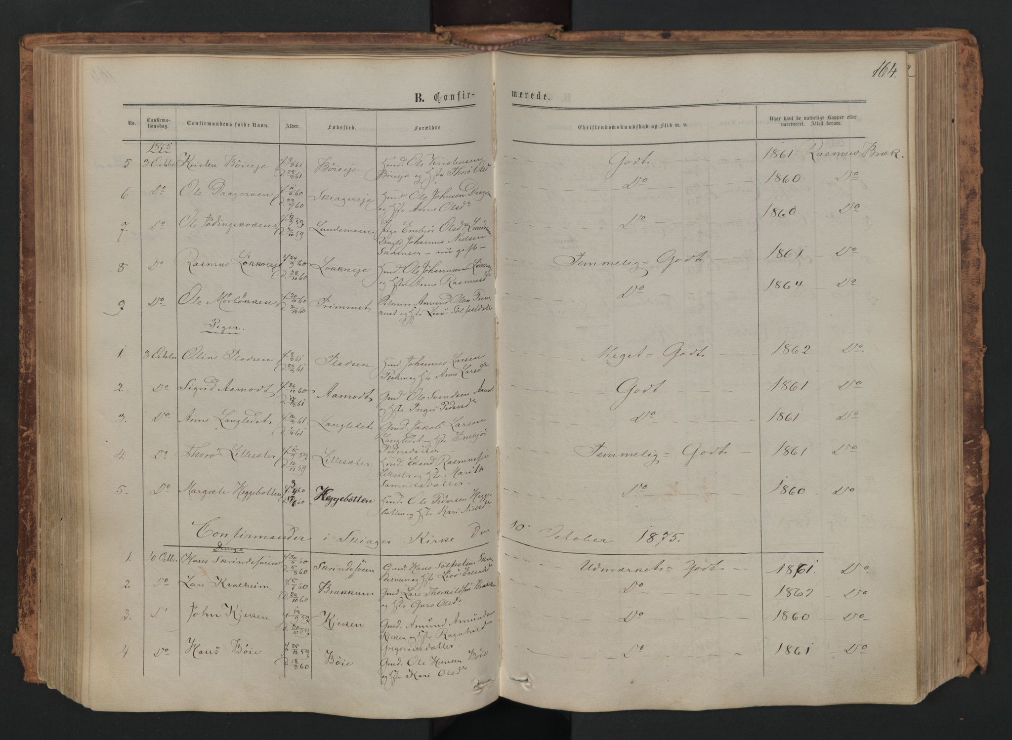 Skjåk prestekontor, AV/SAH-PREST-072/H/Ha/Haa/L0001: Parish register (official) no. 1, 1863-1879, p. 164