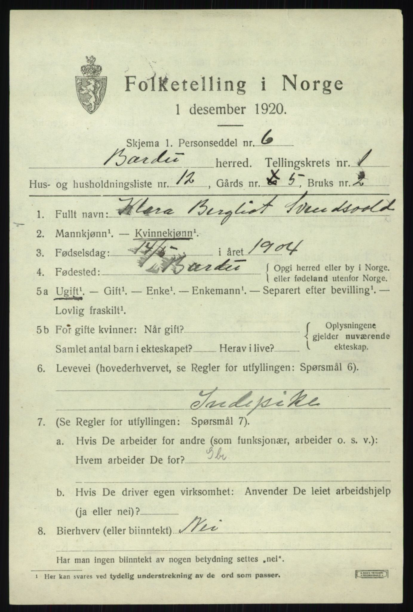 SATØ, 1920 census for Bardu, 1920, p. 792