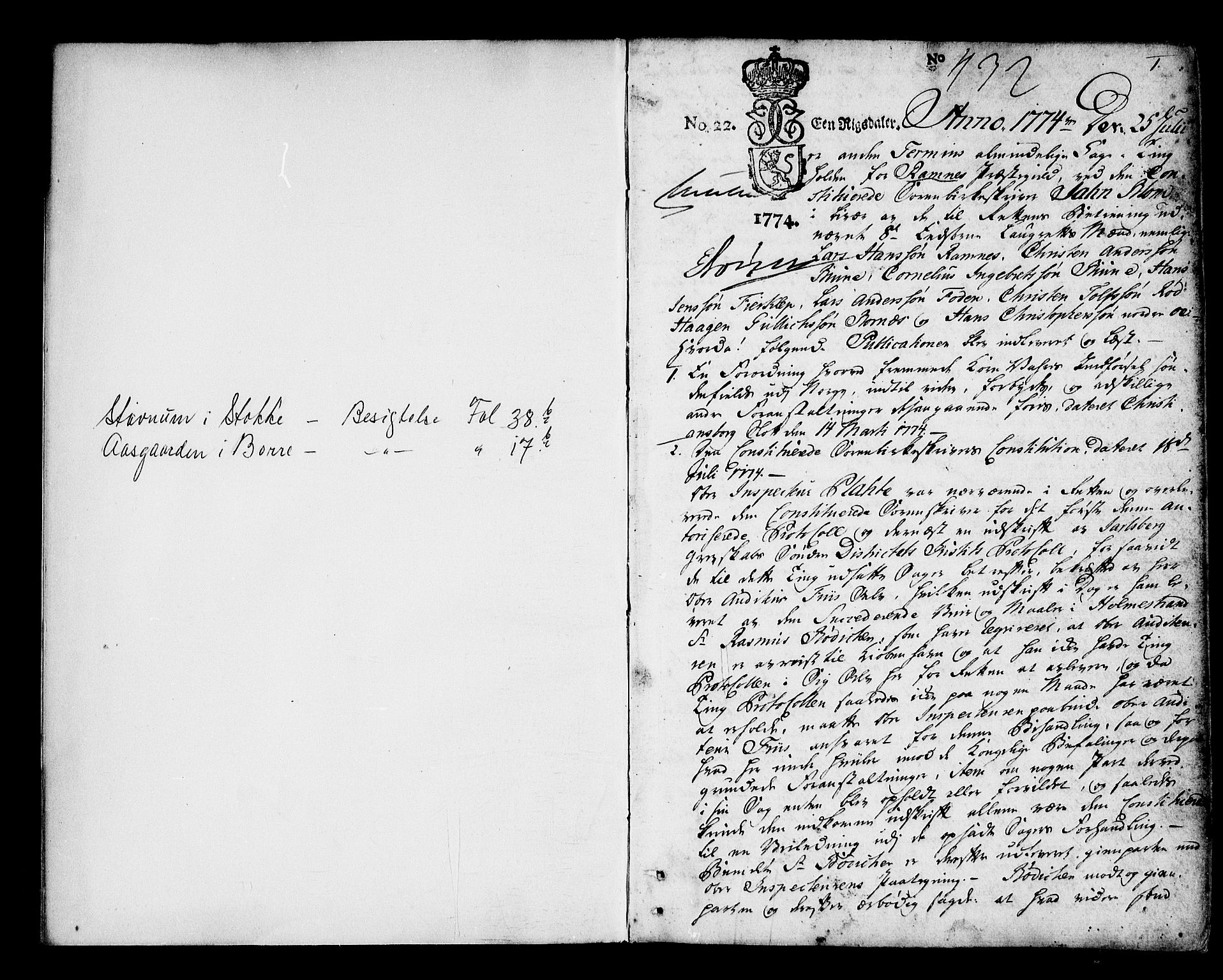 Søndre Jarlsberg sorenskriveri, SAKO/A-129/F/Fa/L0022: Tingbok, 1774, p. 1