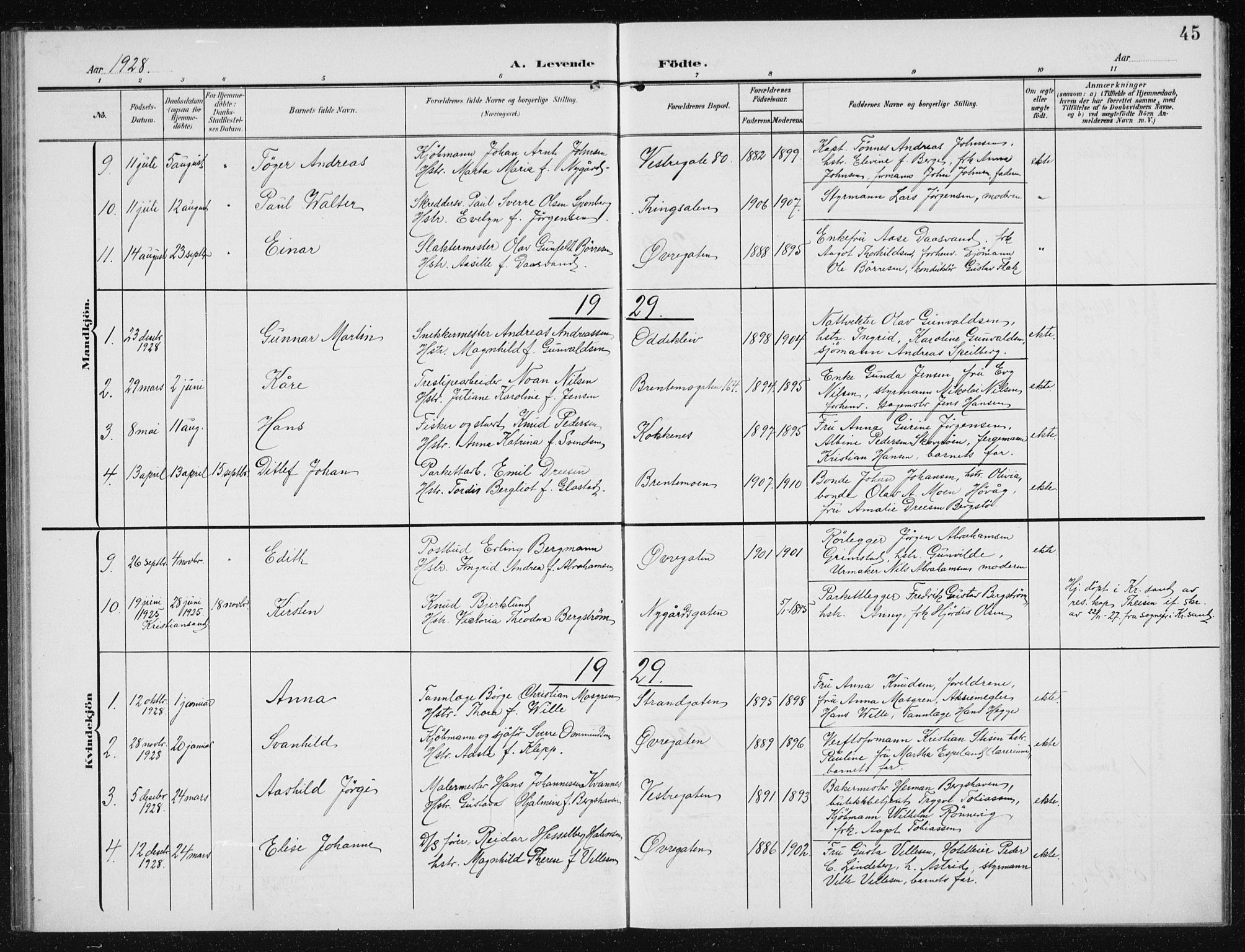 Vestre Moland sokneprestkontor, AV/SAK-1111-0046/F/Fb/Fba/L0002: Parish register (copy) no. B 2, 1904-1934, p. 45