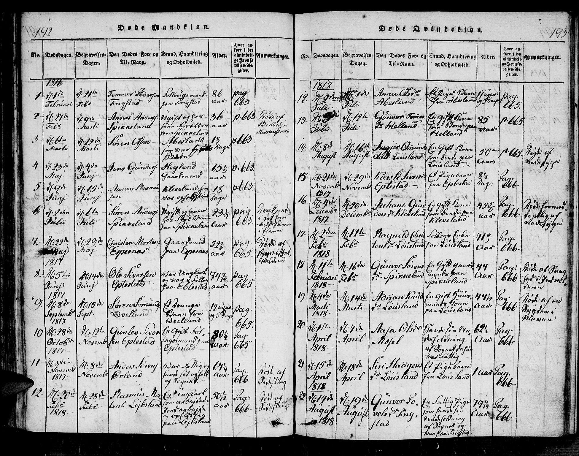 Bjelland sokneprestkontor, AV/SAK-1111-0005/F/Fa/Fab/L0002: Parish register (official) no. A 2, 1816-1869, p. 192-193