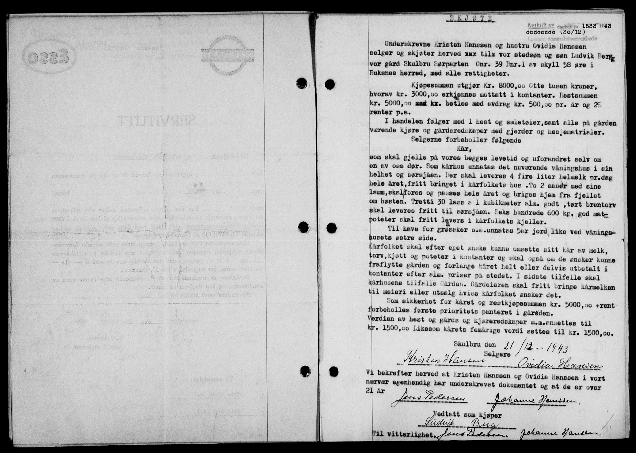 Lofoten sorenskriveri, SAT/A-0017/1/2/2C/L0012a: Mortgage book no. 12a, 1943-1944, Diary no: : 1533/1943