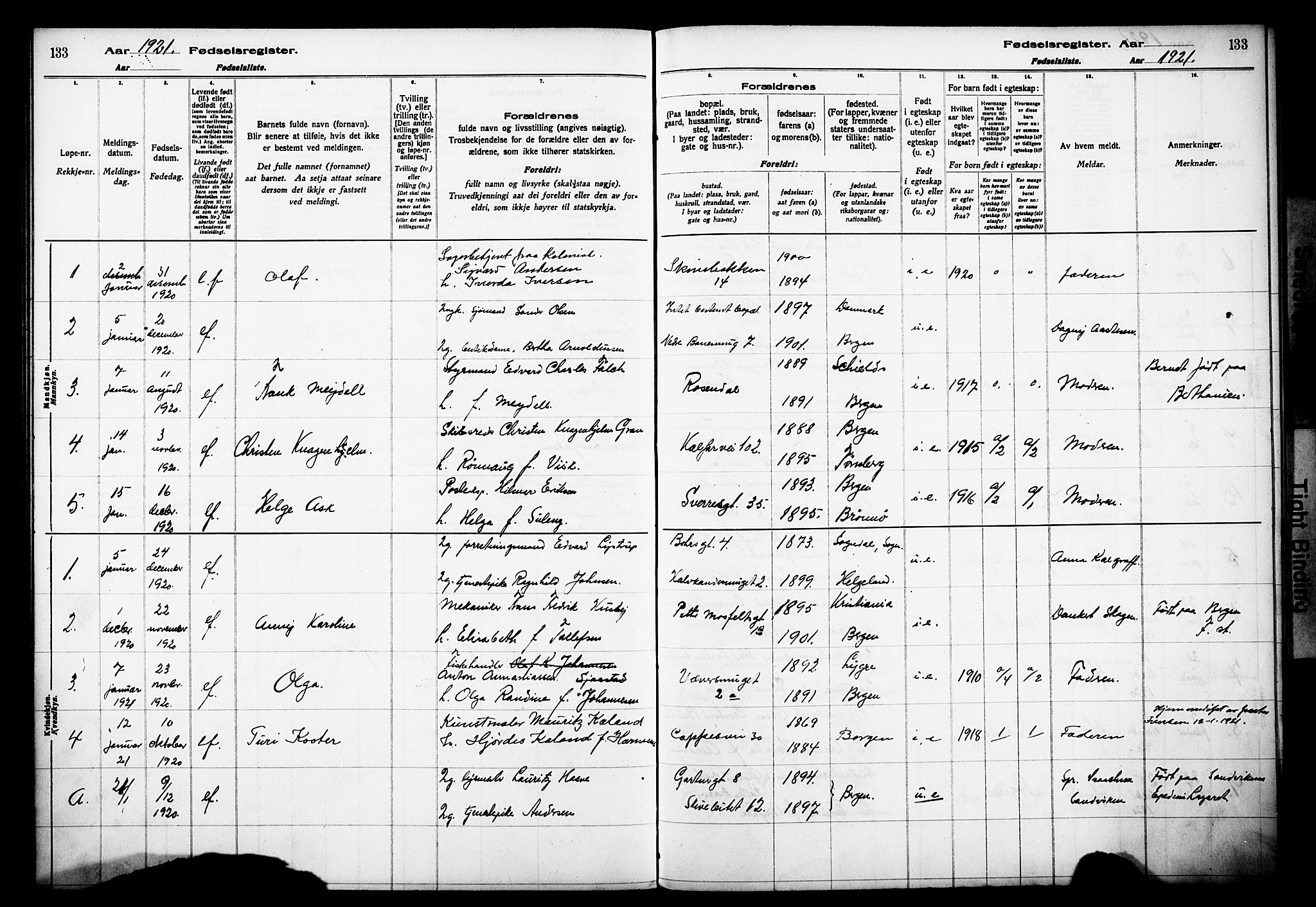 Domkirken sokneprestembete, AV/SAB-A-74801/I/Id/L00A1: Birth register no. A 1, 1916-1923, p. 133