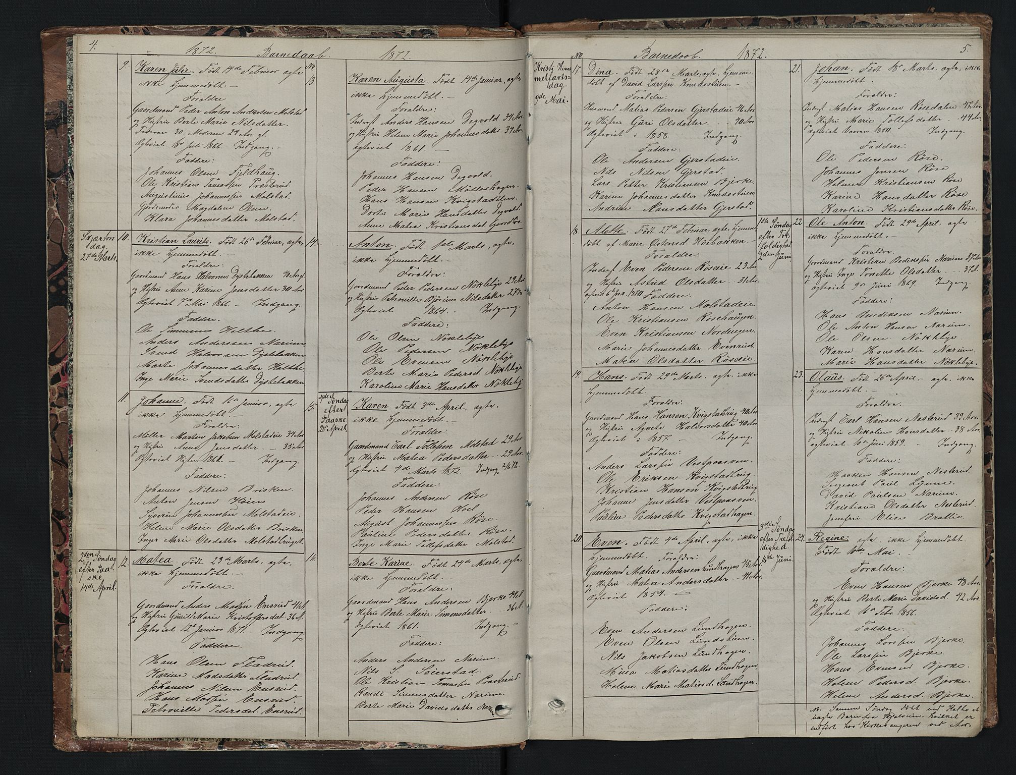 Vestre Toten prestekontor, SAH/PREST-108/H/Ha/Hab/L0007: Parish register (copy) no. 7, 1872-1900, p. 4-5
