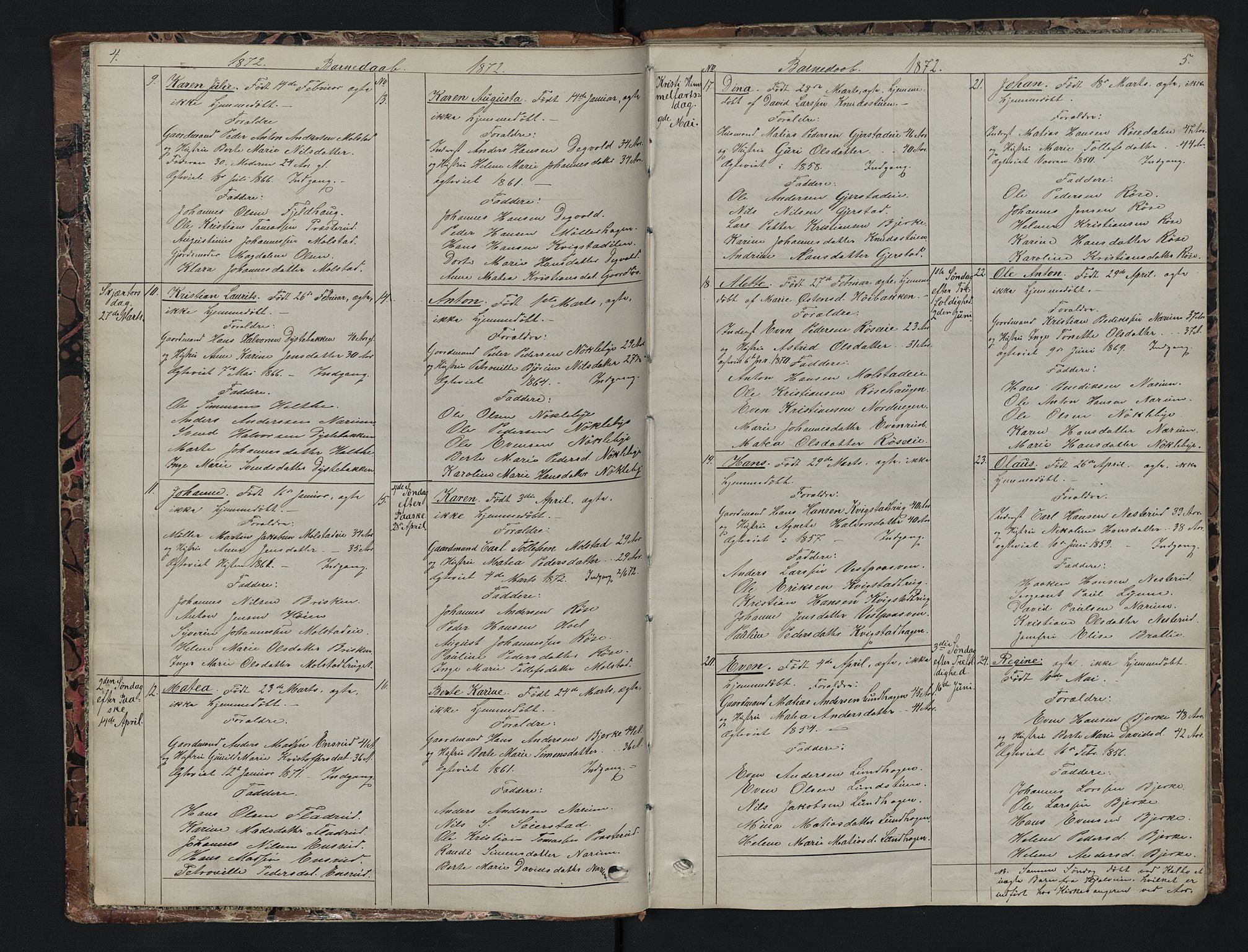 Vestre Toten prestekontor, AV/SAH-PREST-108/H/Ha/Hab/L0007: Parish register (copy) no. 7, 1872-1900, p. 4-5