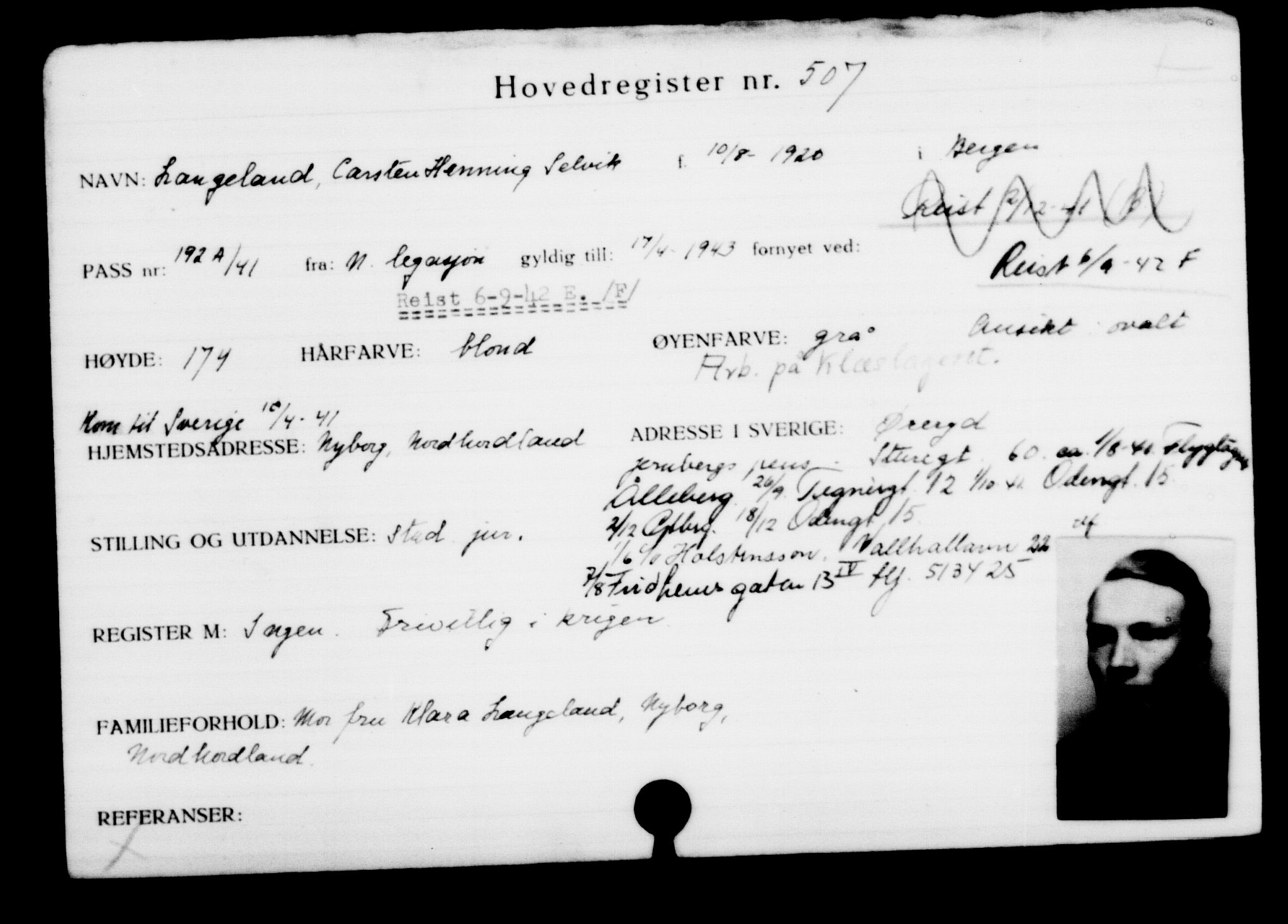 Utenriksstasjonene, Legasjonen i Stockholm, Flyktningkontoret, AV/RA-S-6753/V/Va/L0001: Kjesäterkartoteket, flyktninger med registreringsnr. 1-1000, 1940-1945, p. 781