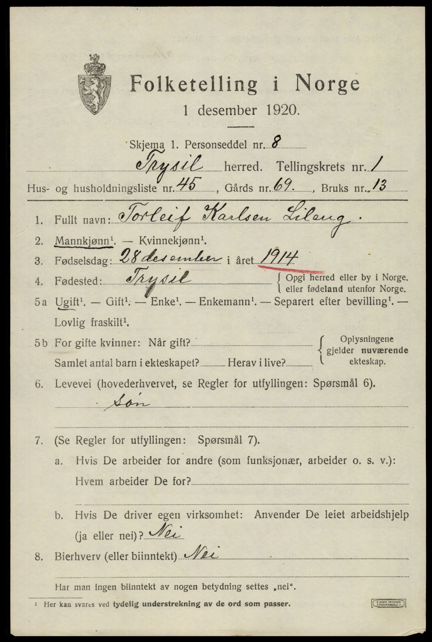 SAH, 1920 census for Trysil, 1920, p. 3071