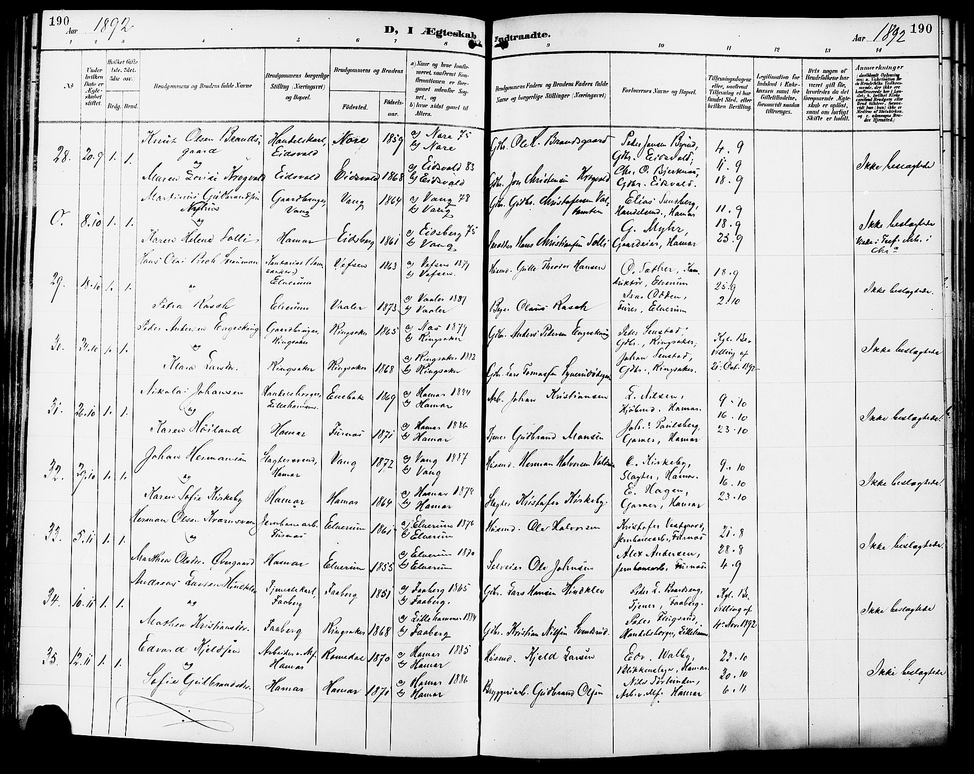 Vang prestekontor, Hedmark, SAH/PREST-008/H/Ha/Haa/L0017: Parish register (official) no. 17, 1890-1899, p. 190