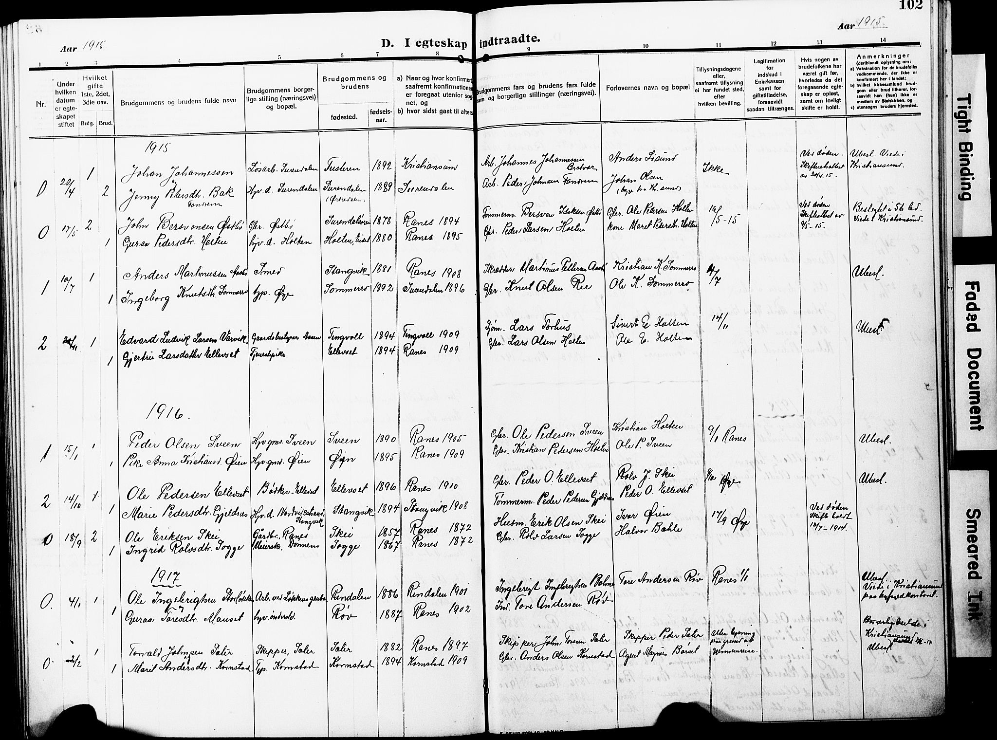 Ministerialprotokoller, klokkerbøker og fødselsregistre - Møre og Romsdal, SAT/A-1454/596/L1059: Parish register (copy) no. 596C02, 1908-1922, p. 102