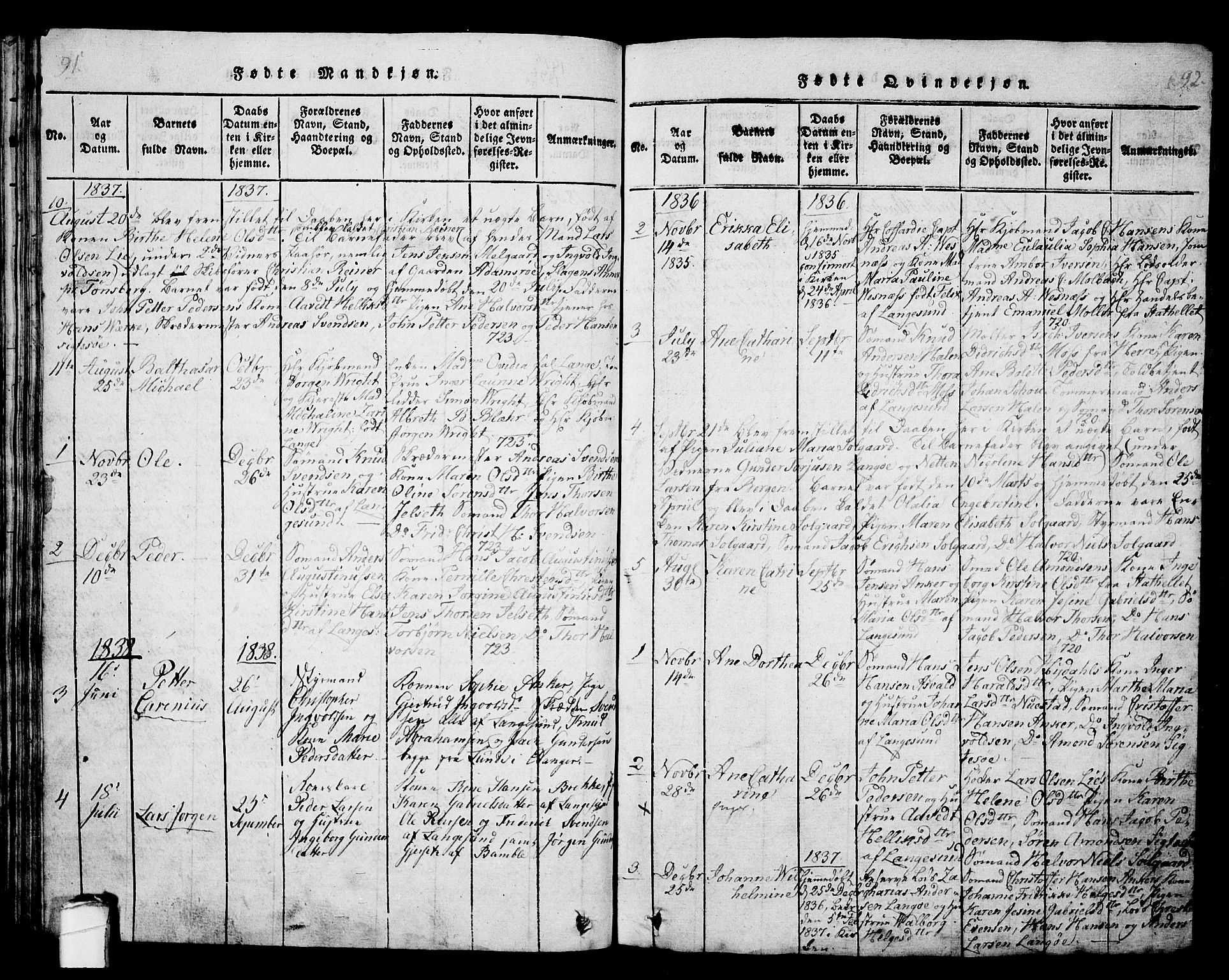 Langesund kirkebøker, SAKO/A-280/G/Ga/L0003: Parish register (copy) no. 3, 1815-1858, p. 91-92
