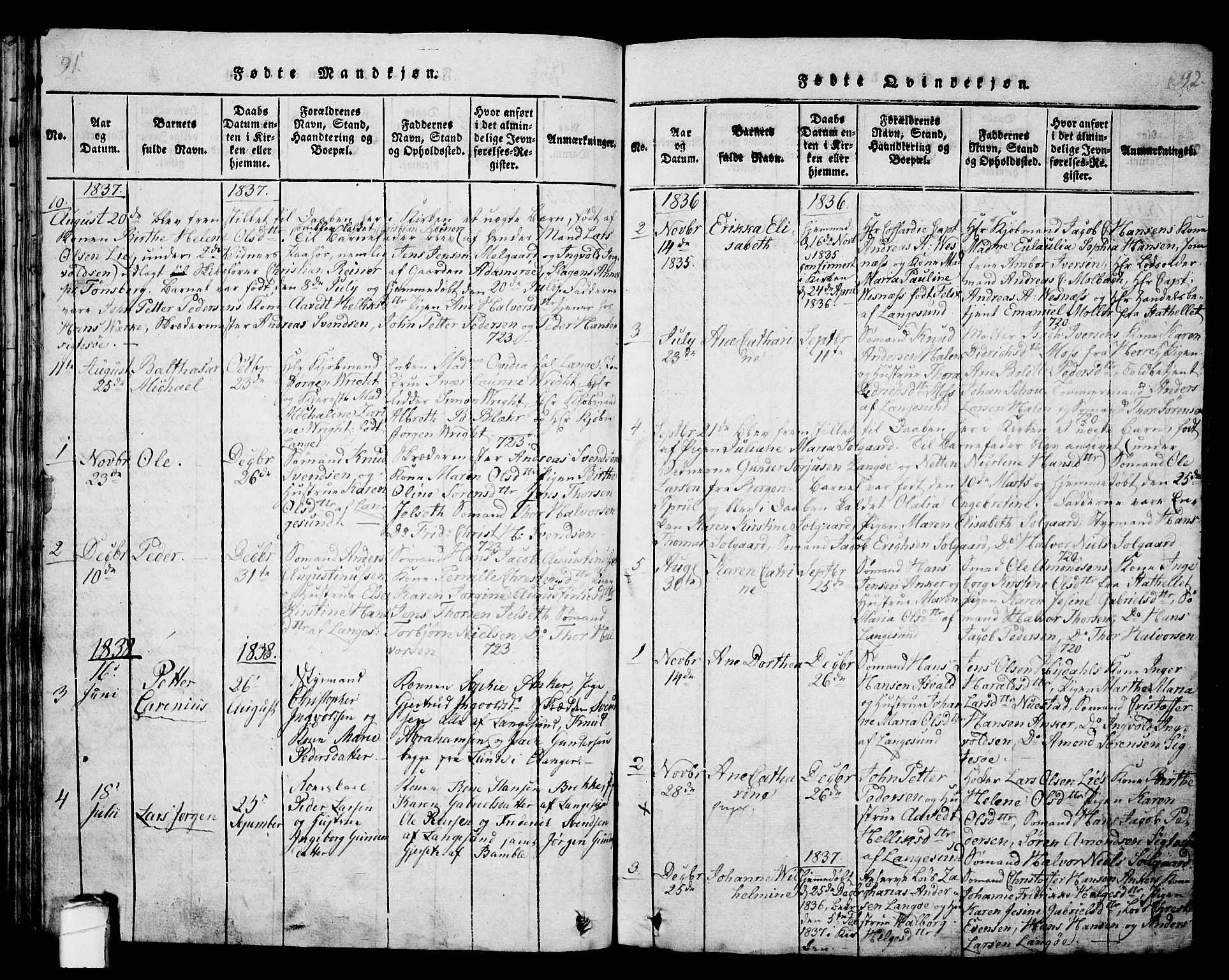 Langesund kirkebøker, AV/SAKO-A-280/G/Ga/L0003: Parish register (copy) no. 3, 1815-1858, p. 91-92