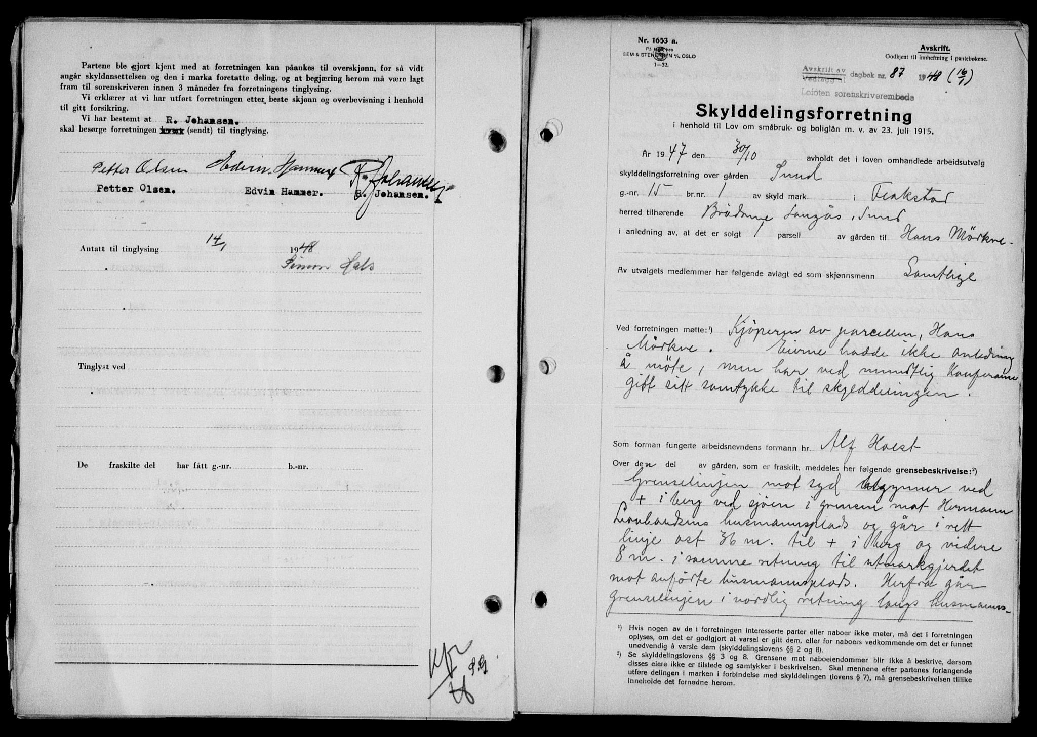 Lofoten sorenskriveri, SAT/A-0017/1/2/2C/L0017a: Mortgage book no. 17a, 1947-1948, Diary no: : 87/1948