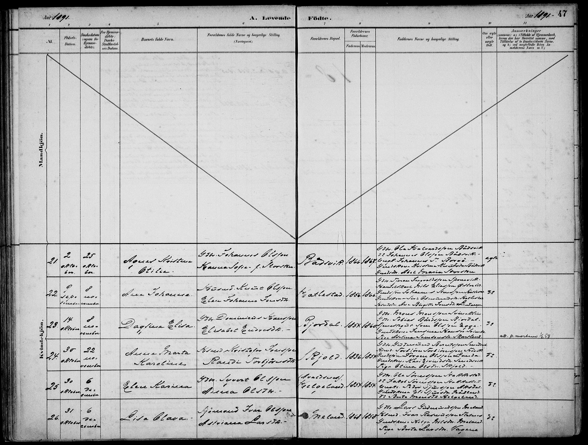 Skjold sokneprestkontor, AV/SAST-A-101847/H/Ha/Haa/L0010: Parish register (official) no. A 10, 1882-1897, p. 47